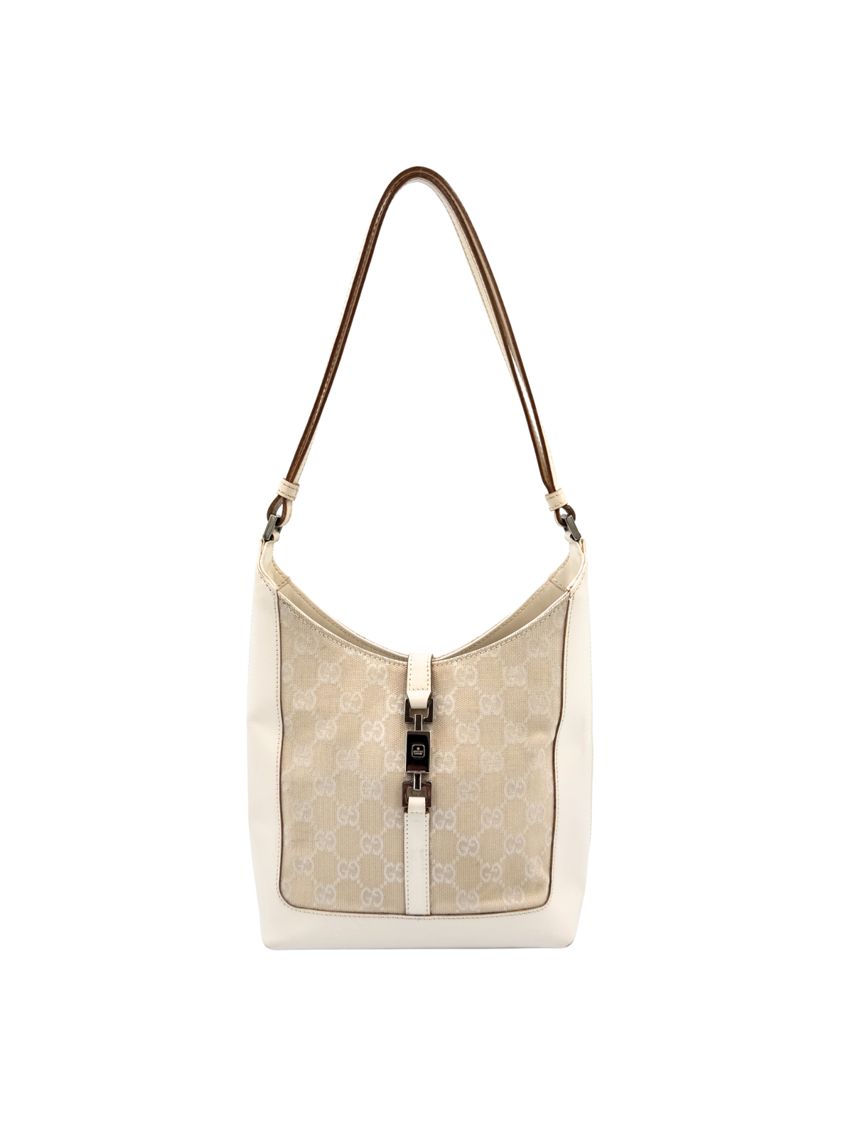Vintage Jackie Structured Hobo Shoulder Bag in Ivory Monogram GG Supreme Canvas with White Leather Trim