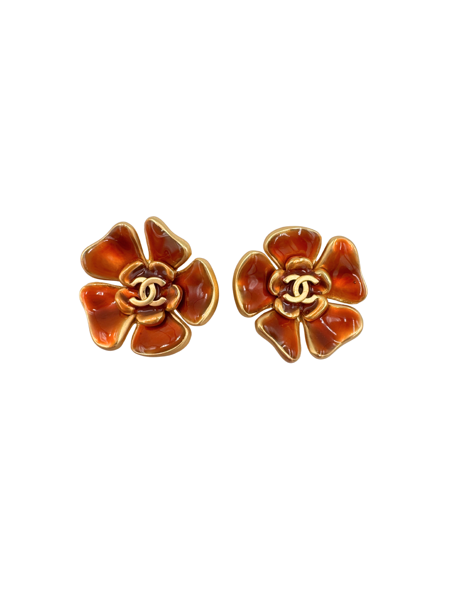 Vintage 1998 Painted CC Camellia Flower Stud Earrings in 24k Gold-Plated Hardware