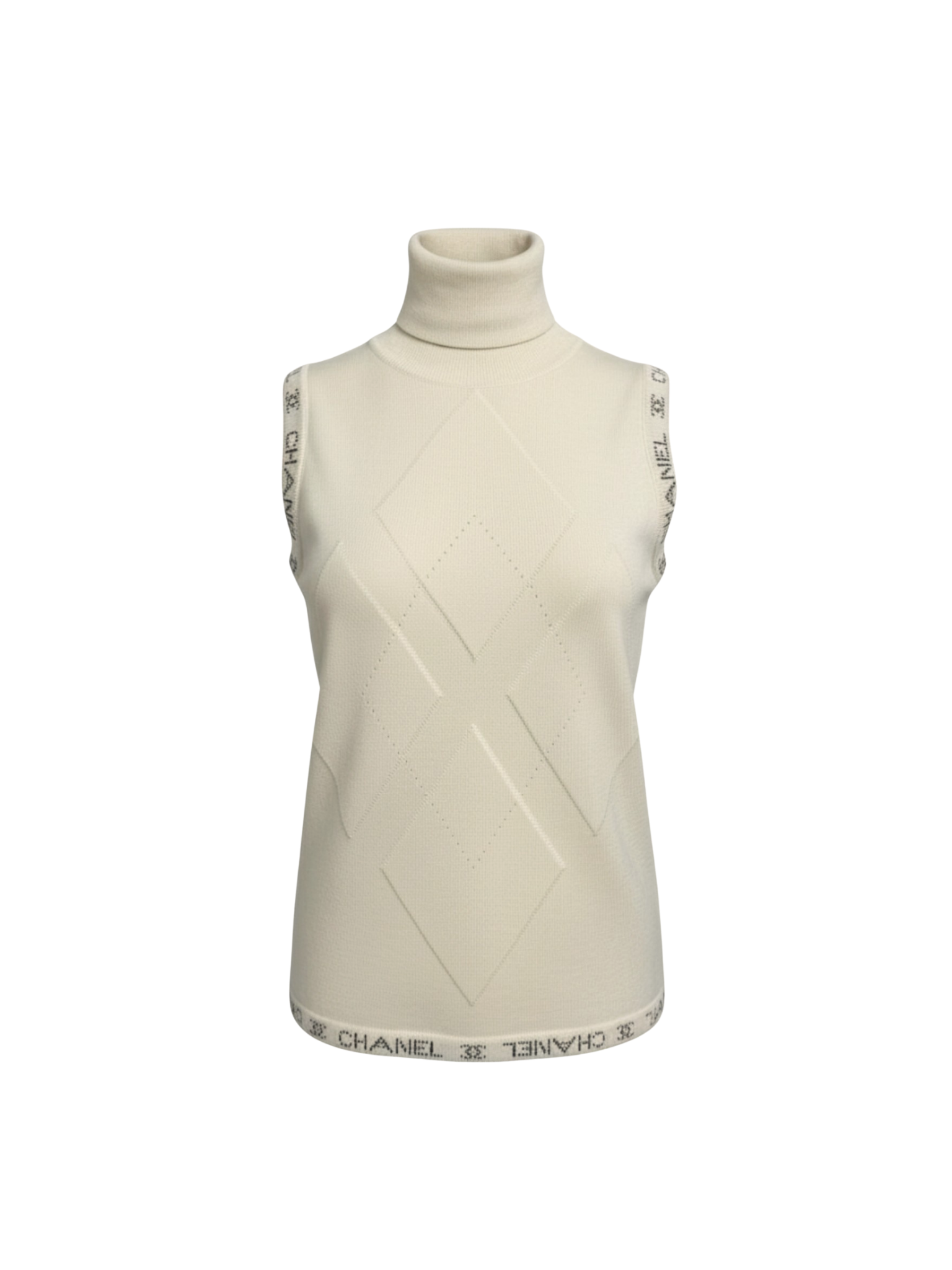 Size FR 38 Sleeveless Argyle Turtleneck with Chanel Logo Trim in Ivory Cashmere