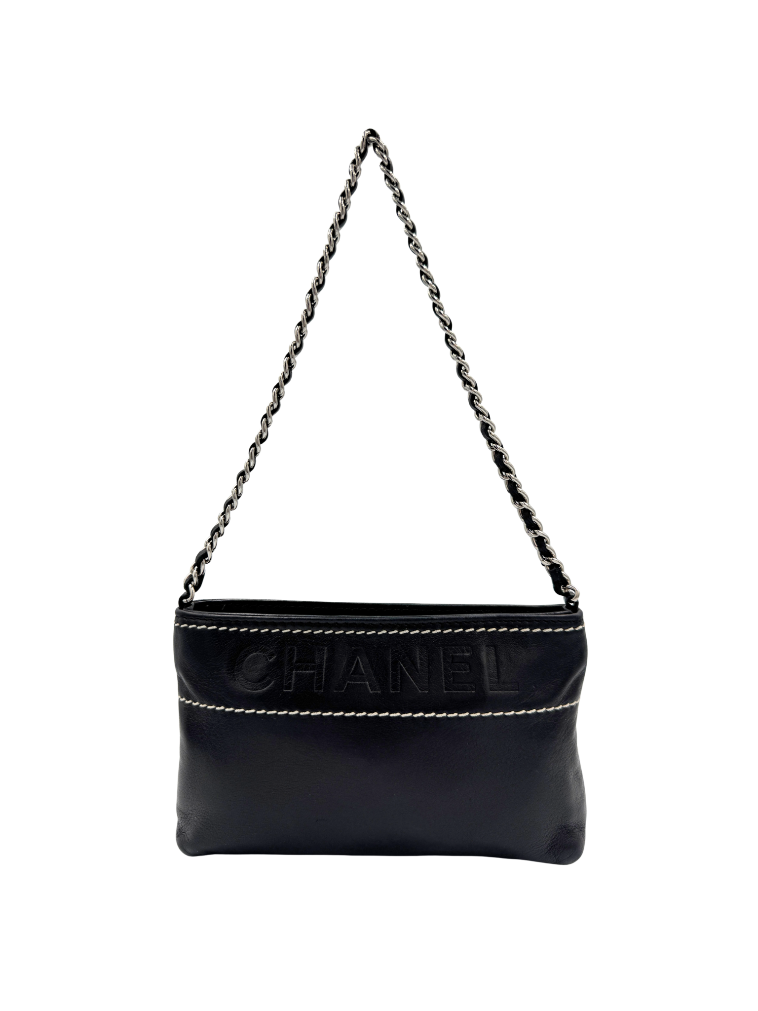 Logo Shoulder Bag Pochette in Black Lambskin Leather with Contrast Stitching