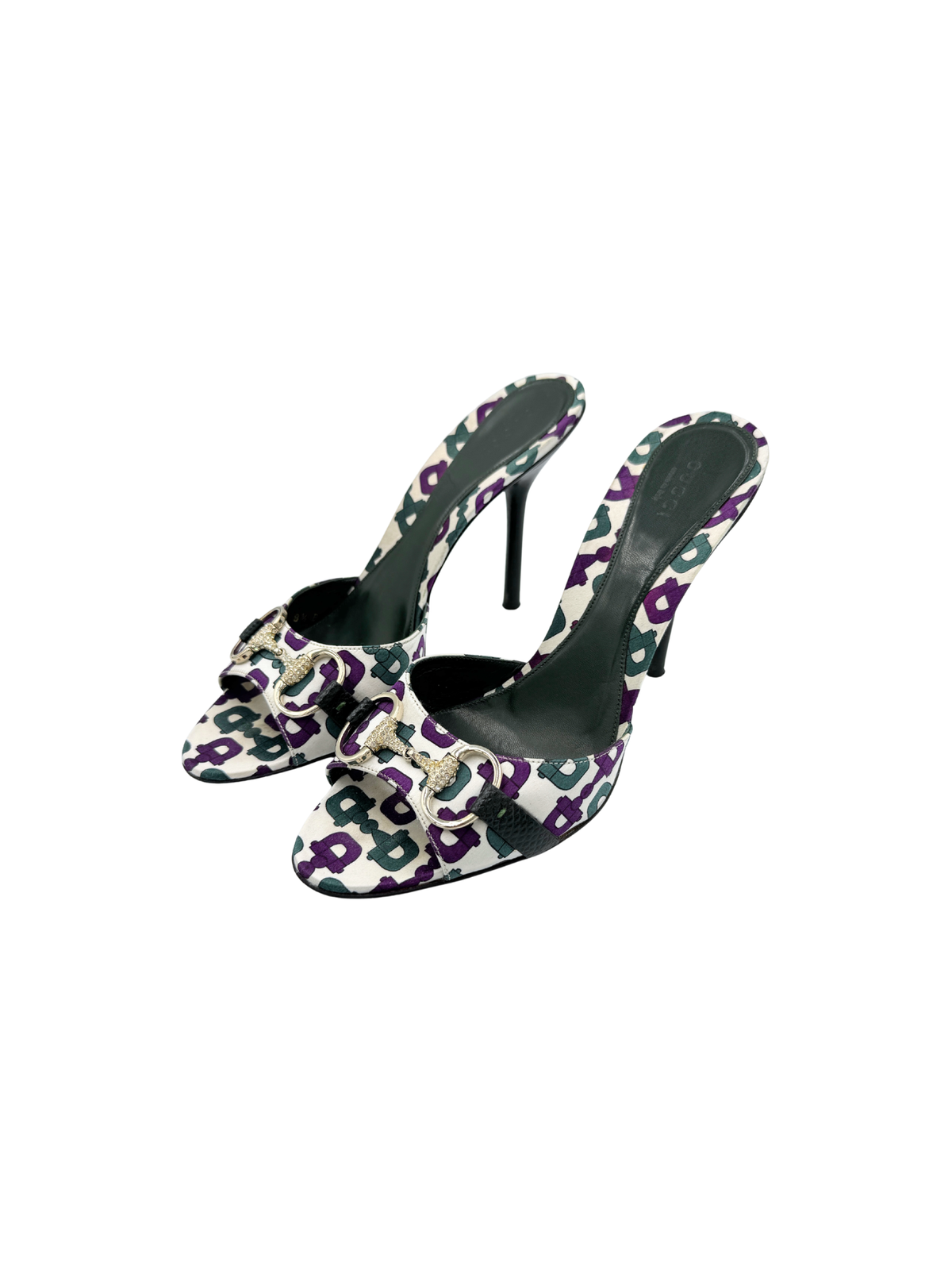 Size 8.5 Vintage Tom Ford Era Crystal Horsebit Graphic Print Mules in Ivory/Purple/Turquoise Satin