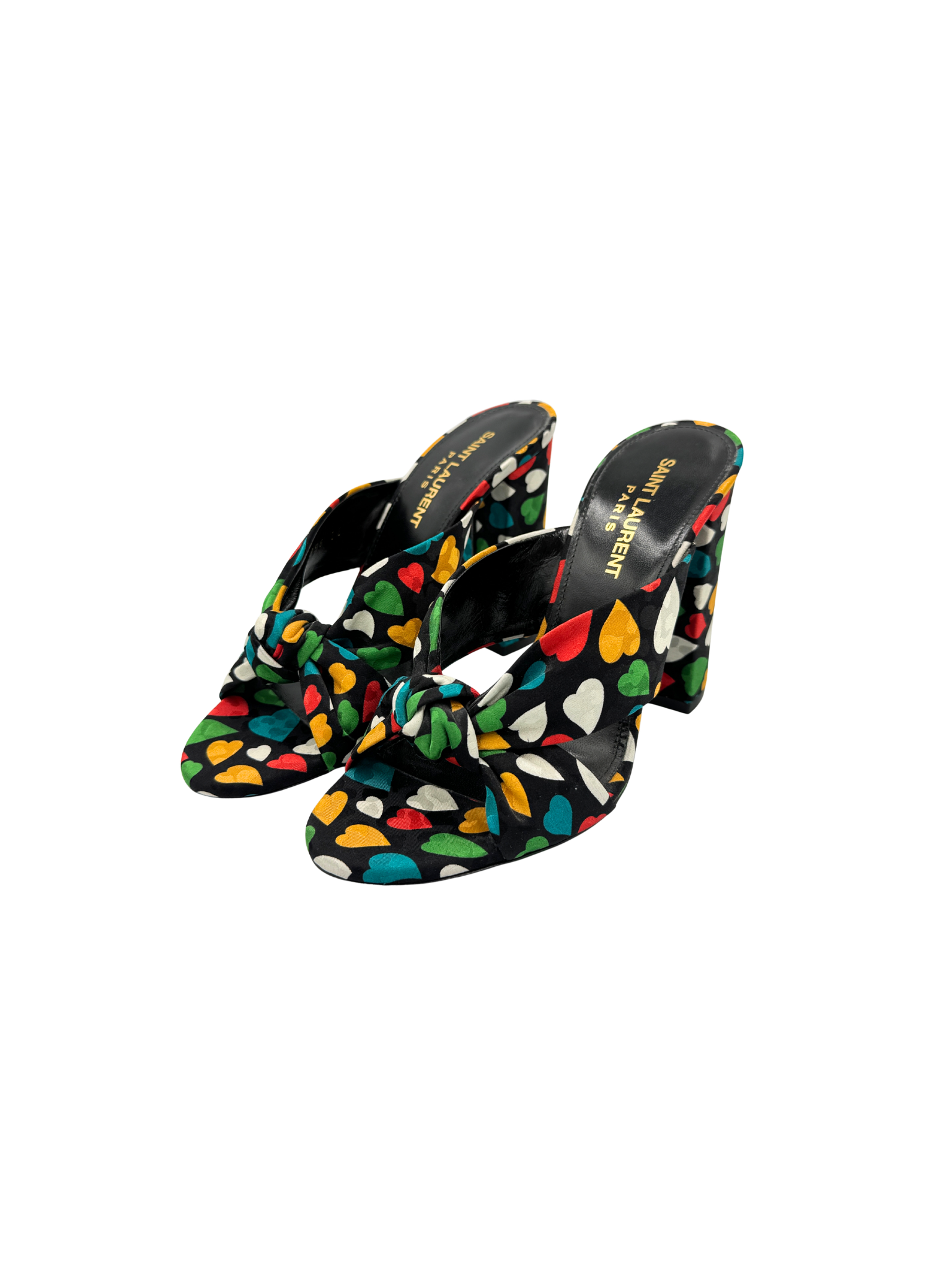 Size 36 Sweetheart Bianca Knot Mule Sandals in Black Multicolor Satin