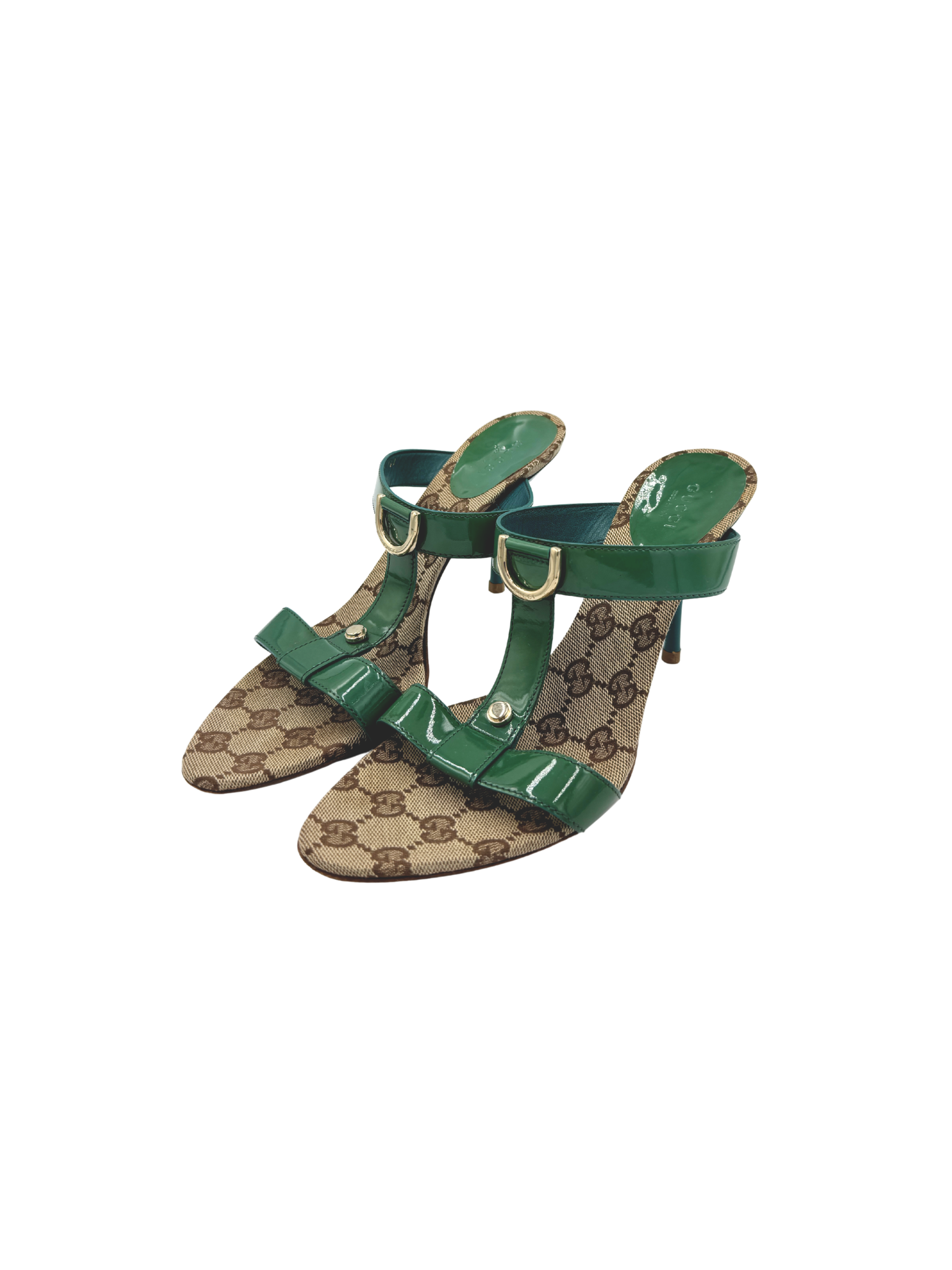 Size 7.5 Vintage Tom Ford Era GG T-Strap Mule Sandals in Green Patent Leather & Monogram GG Supreme Canvas