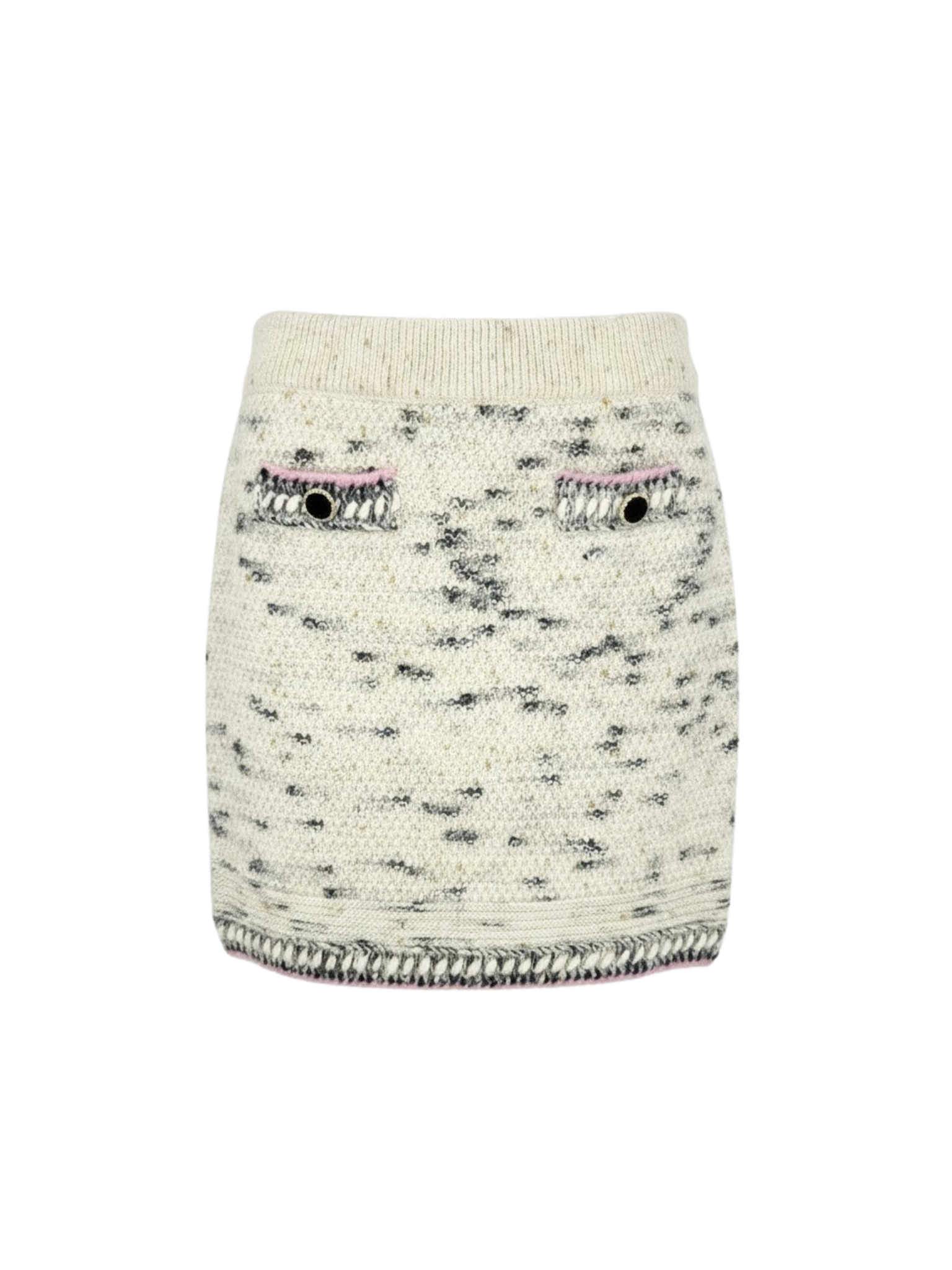 Size M / FR 40 Bouclé Tweed Stretch Mini Skirt in Ivory Cashmere Knit with Pink/Black Accents