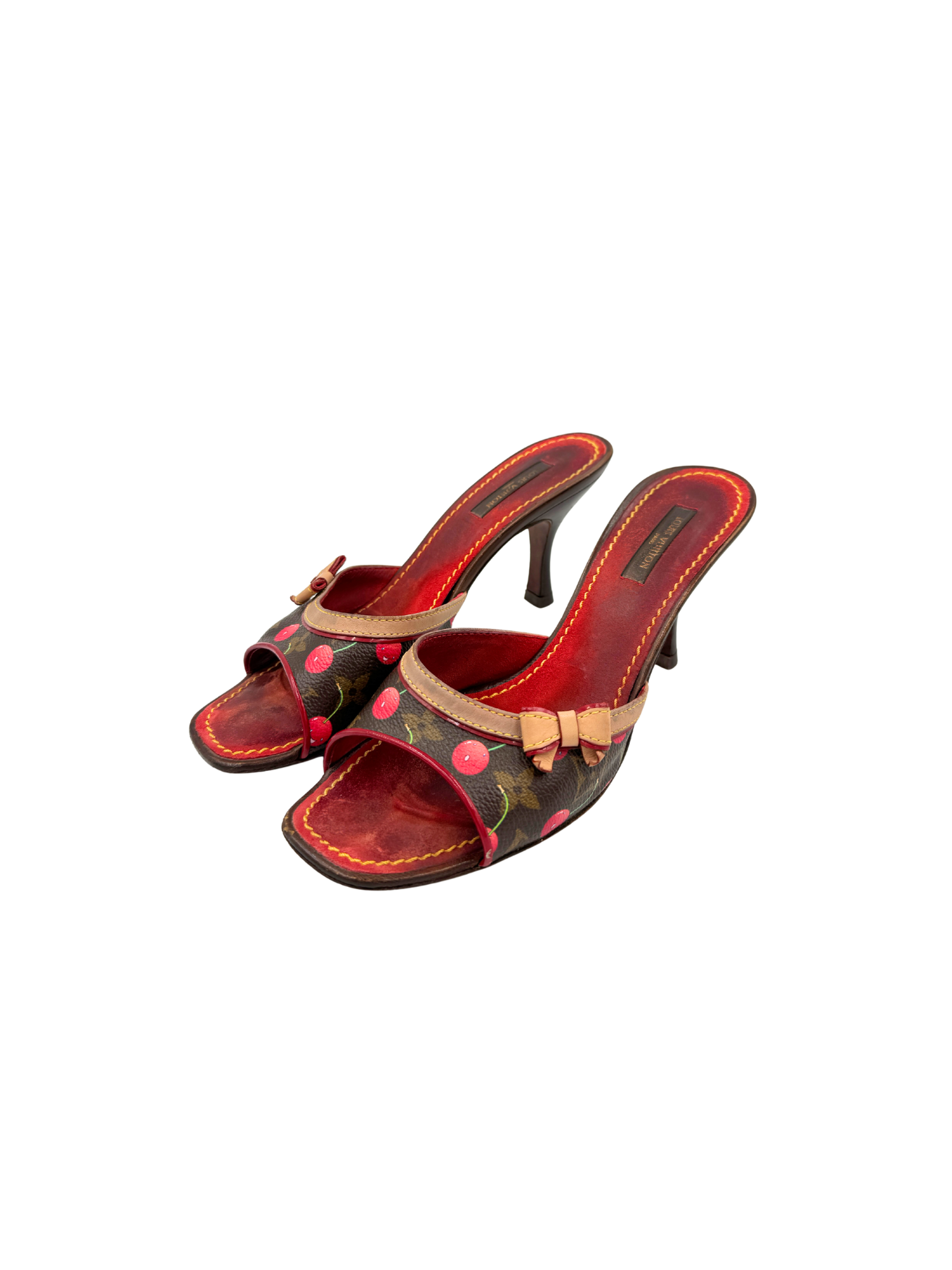 Size 37 Vintage 2005 Limited Edition Takashi Murakami Cerises Cherry Mule Sandals with Bow in Brown and Tan Monogram Coated Canvas