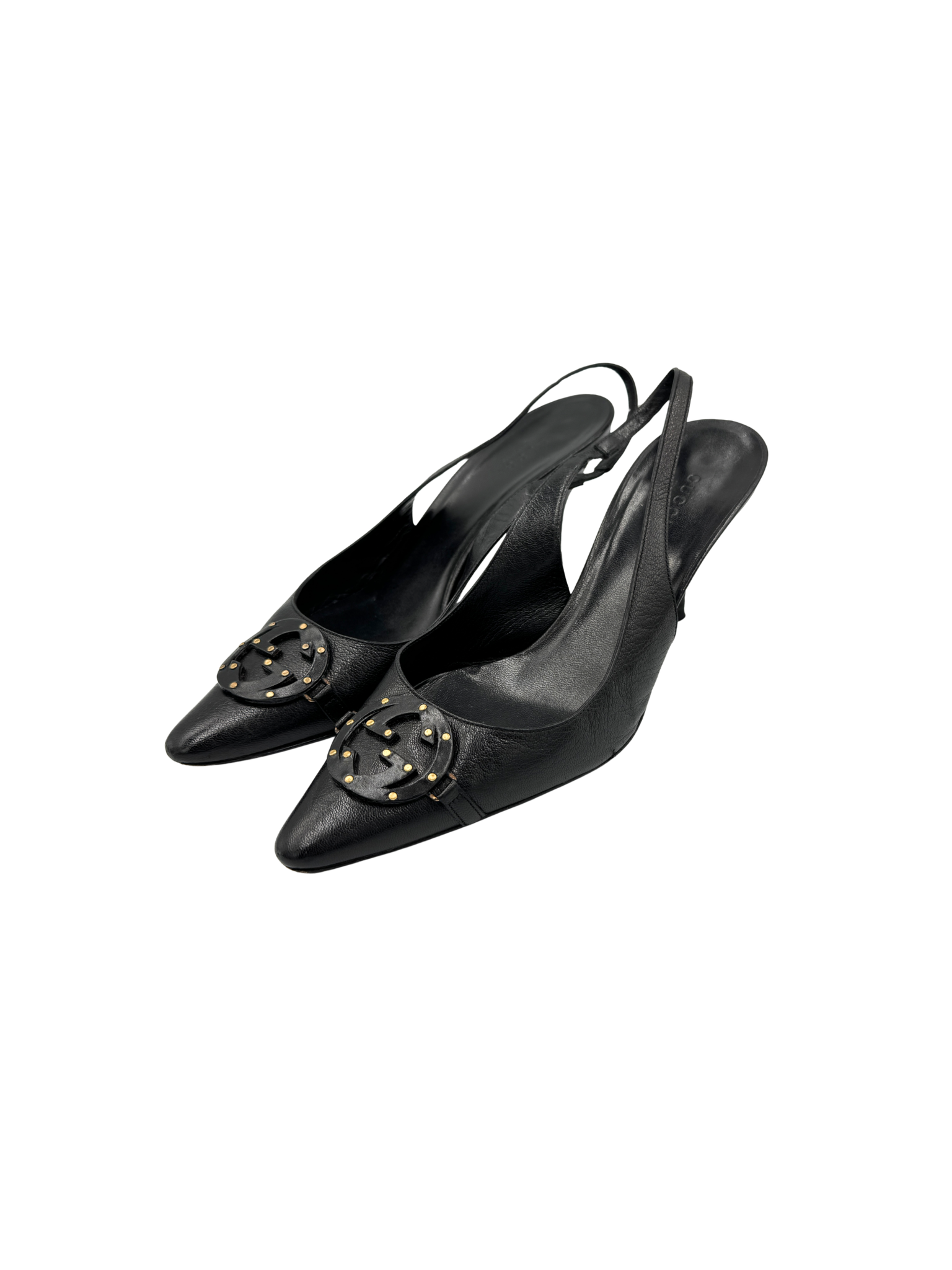 Size 8.5 Vintage Tom Ford Era Interlocking GG Pointed Toe Slingback Pumps in Black Leather