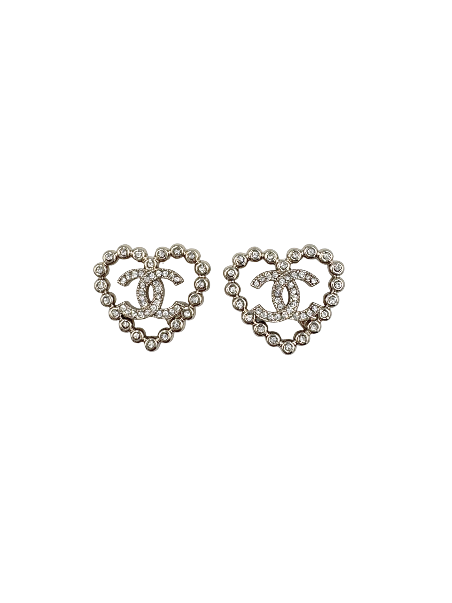 Chanel 2020 Crystal CC Heart Earrings in Silver Hardware