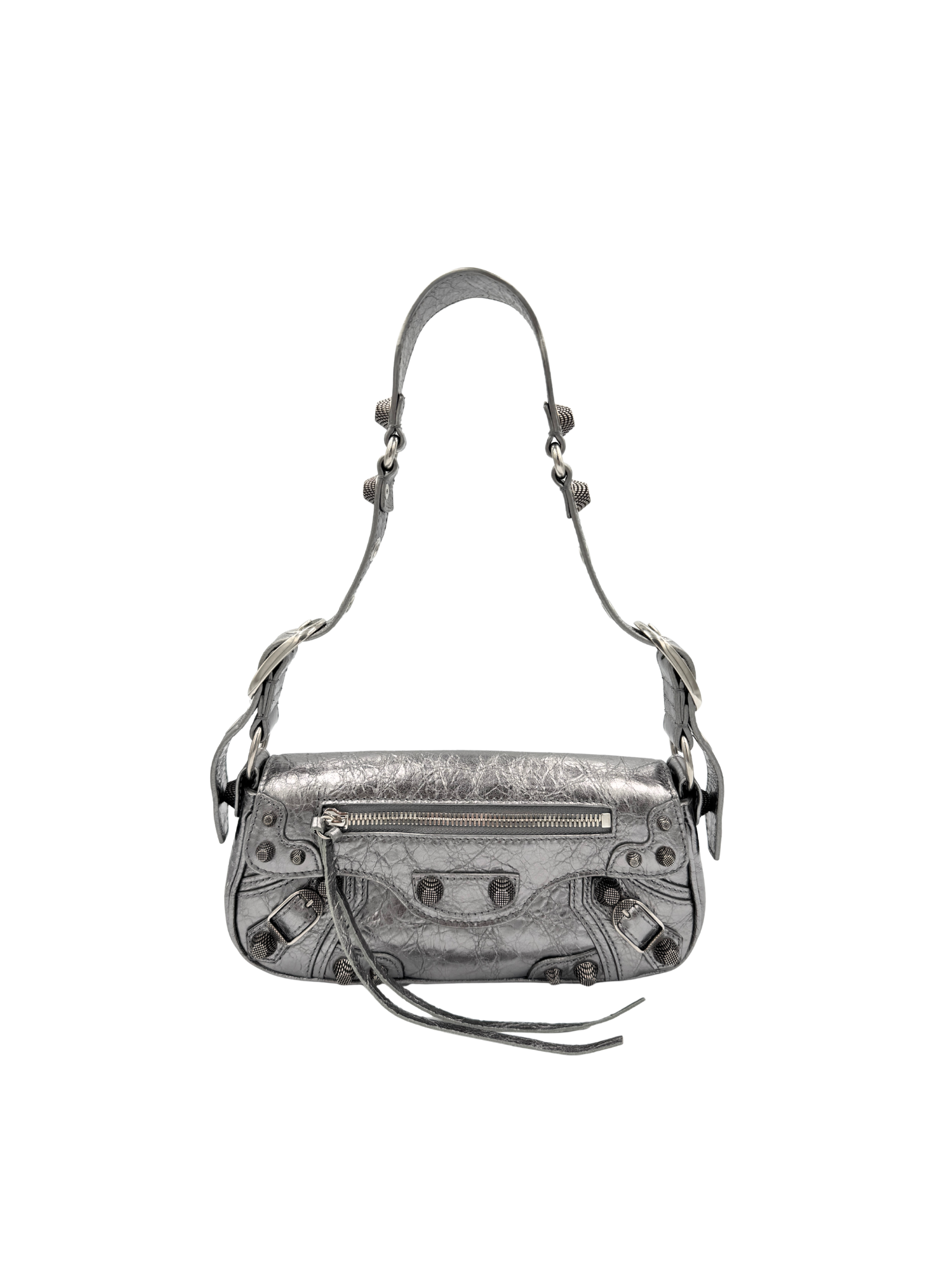 Metallic Small Le Cagole Sling City Shoulder Bag in Aged Silver Pewter Leather