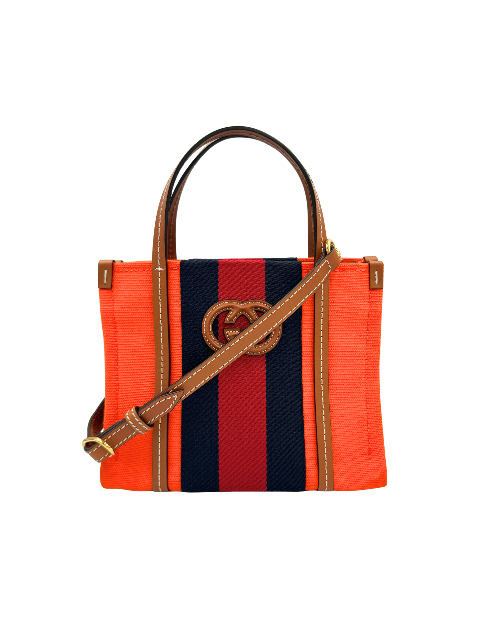 Small Interlocking GG Web Shopping Tote Bag with Top Handle in Orange Canvas