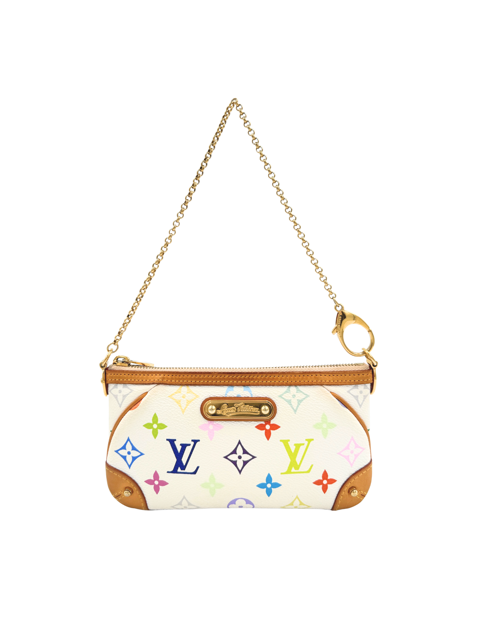 Vintage Takashi Murakami Milla MM Pochette Shoulder Bag with Chain in White Multicolor Monogram Coated Canvas