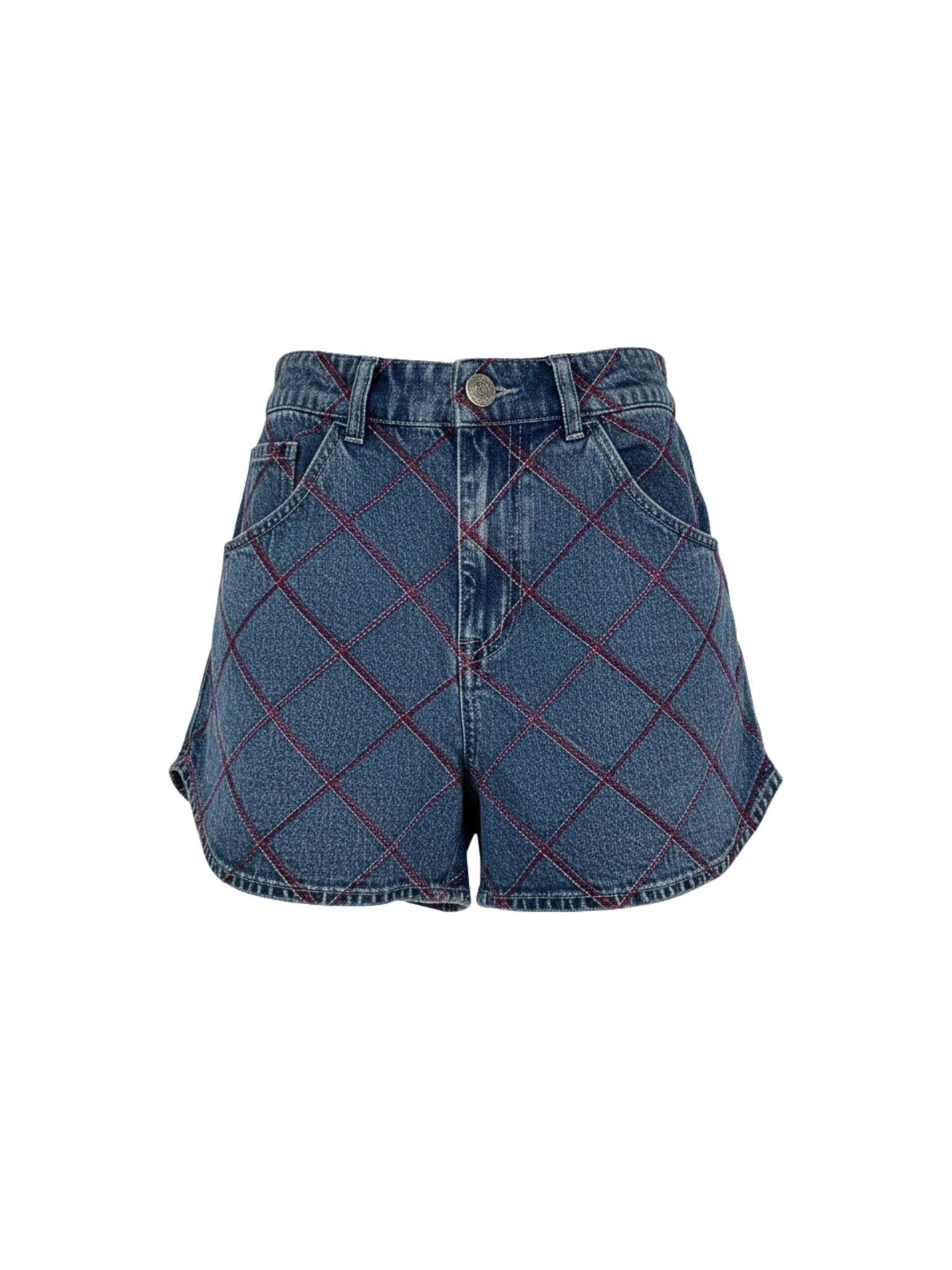 Size M / FR 38 2022 Coco Beach Quilted Shorts with Red and Pink Contrast Stitching in Navy Denim