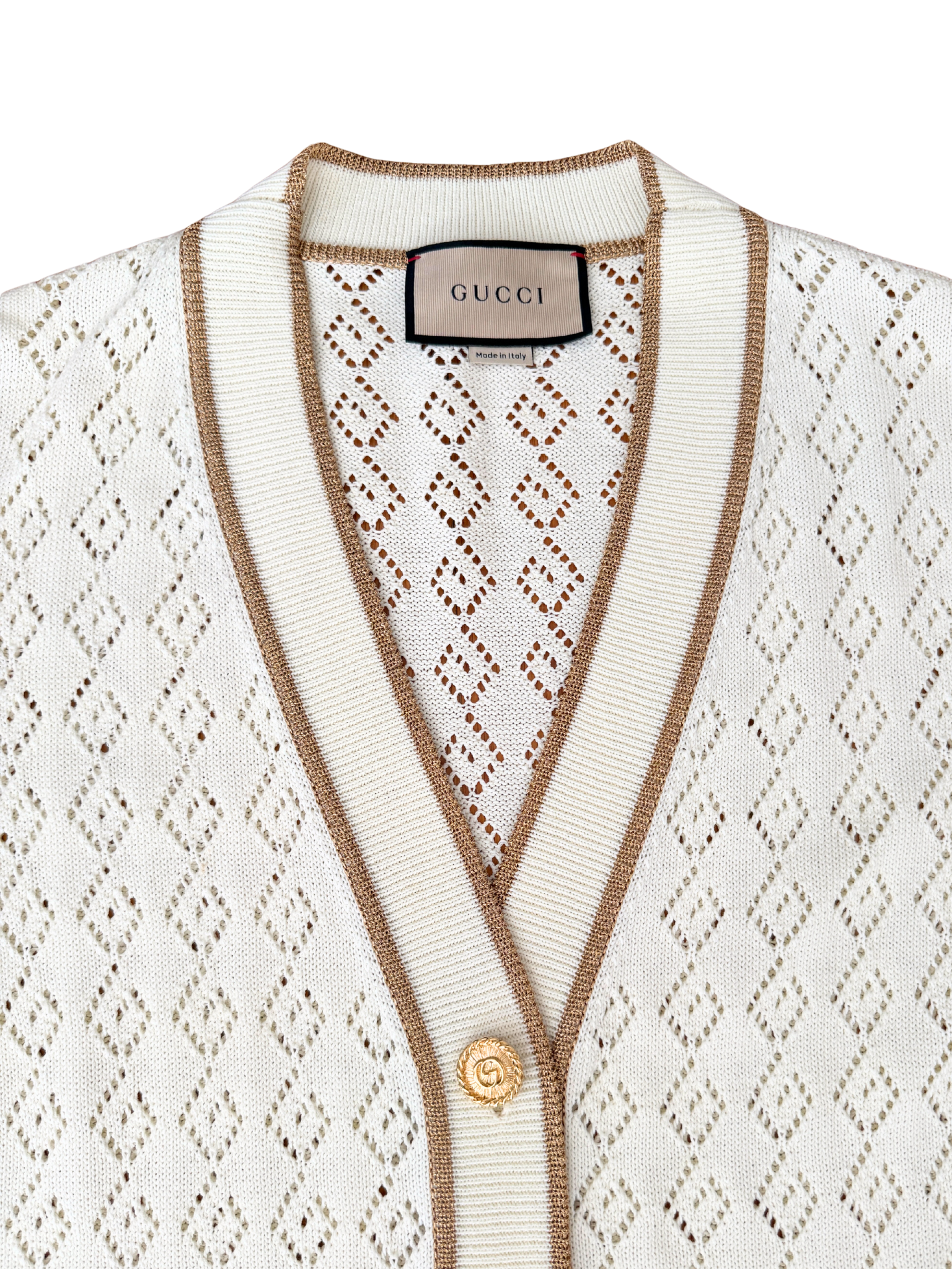 Size XXL GG Monogram Cardigan with GG Embellished Buttons in Ivory Knit with Gucci Web Trim
