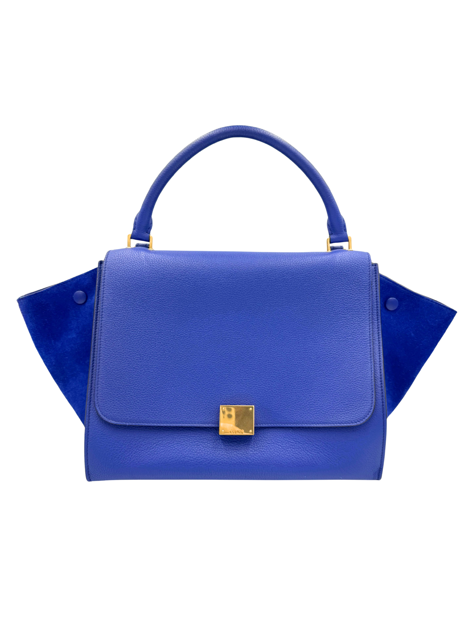 Medium Trapeze Shoulder Bag with Top Handle in Blue Calfskin Leather & Suede