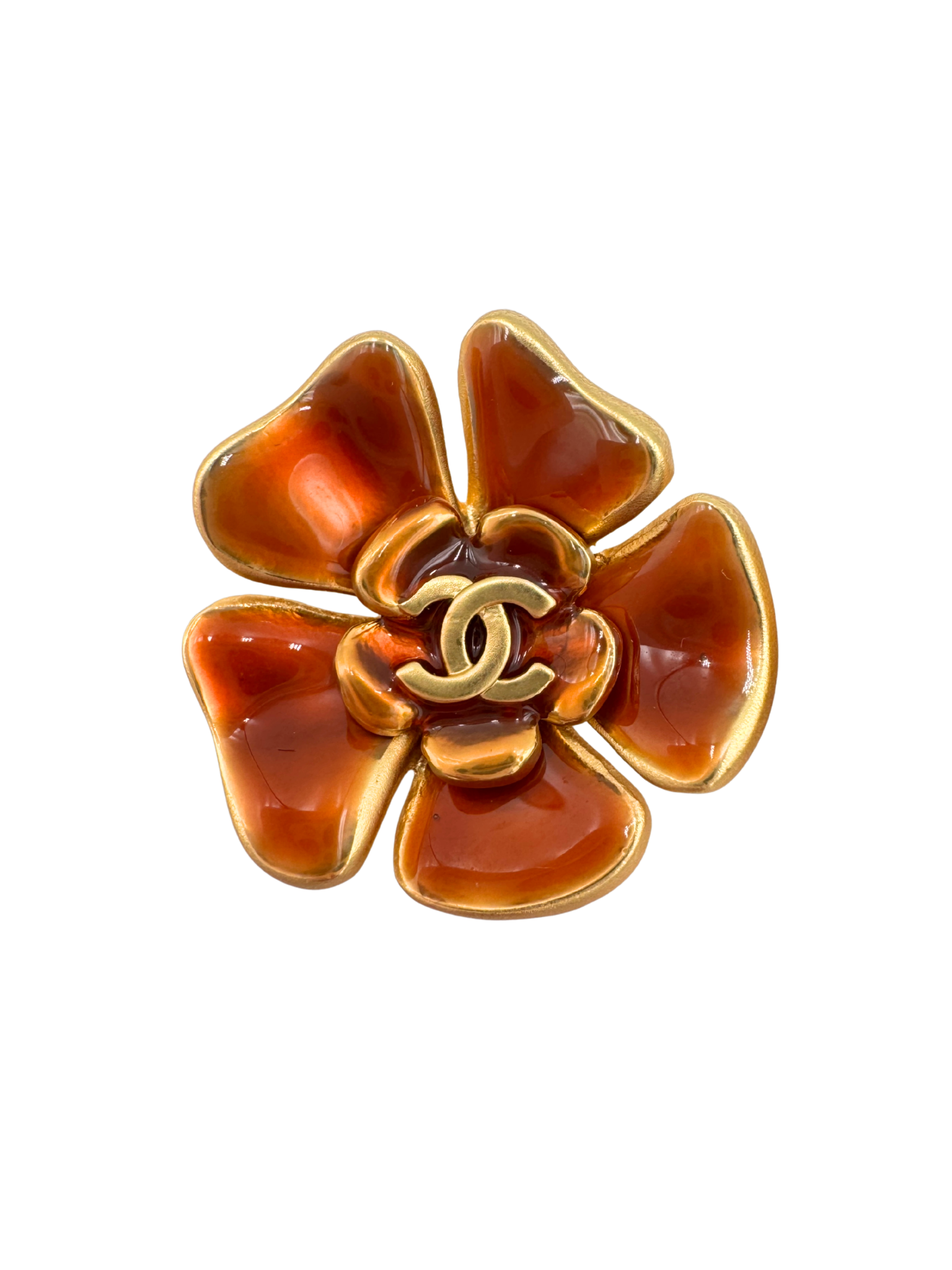 Vintage 1998 Painted CC Camellia Flower Stud Earrings in 24k Gold-Plated Hardware
