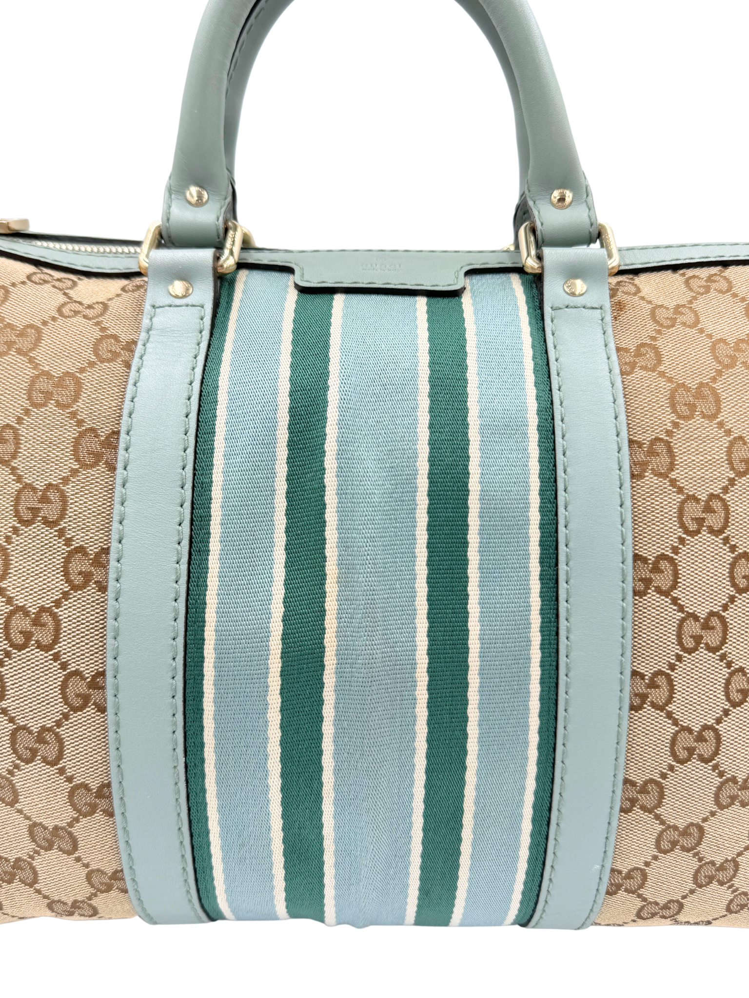 Striped GG Boston Bag with Top Handle in Brown and Tan Monogram GG Supreme Canvas with Blue and Green Accents