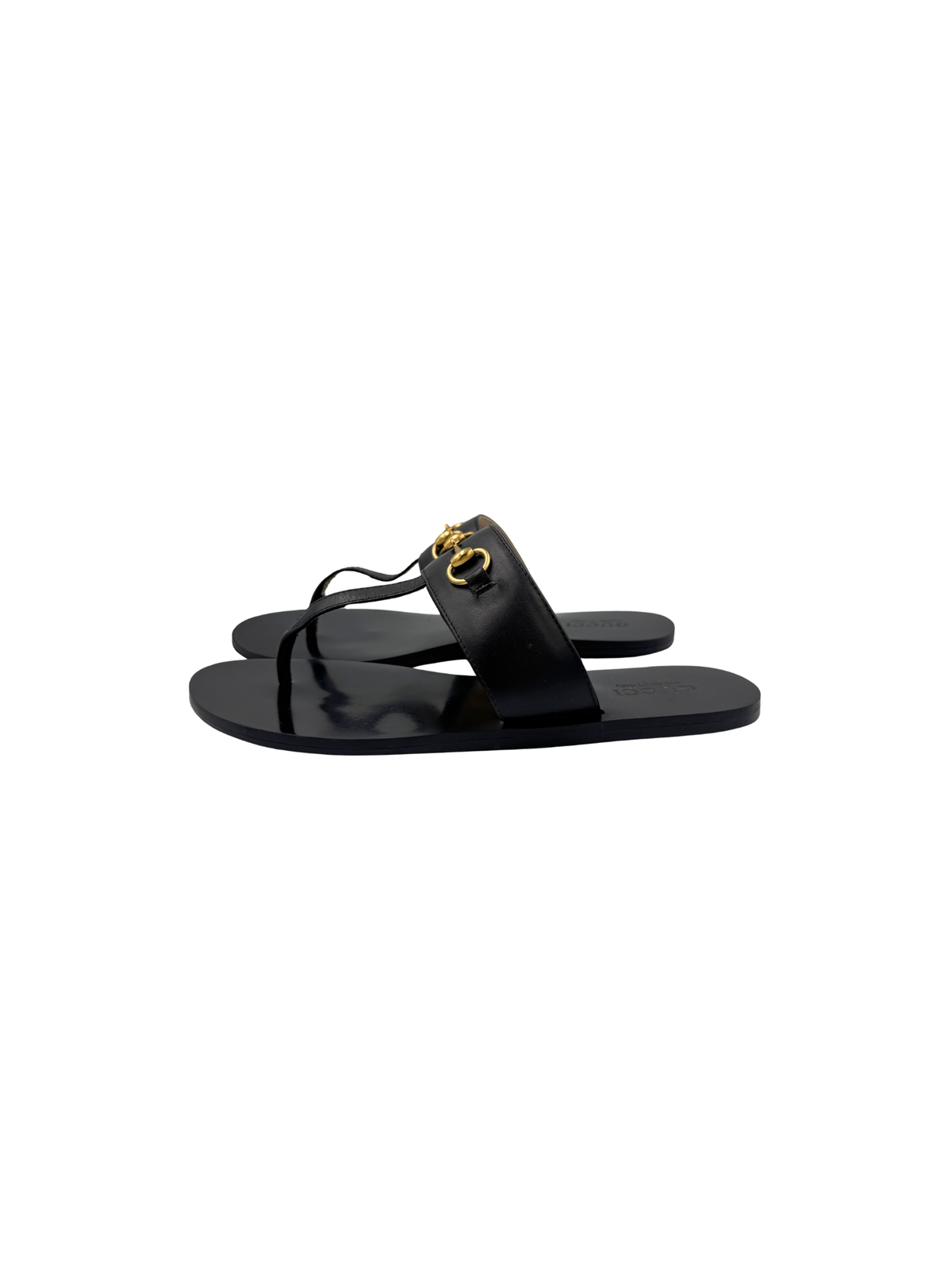 Size 39 Horsebit Flat Slide Thong Sandals in Black Leather