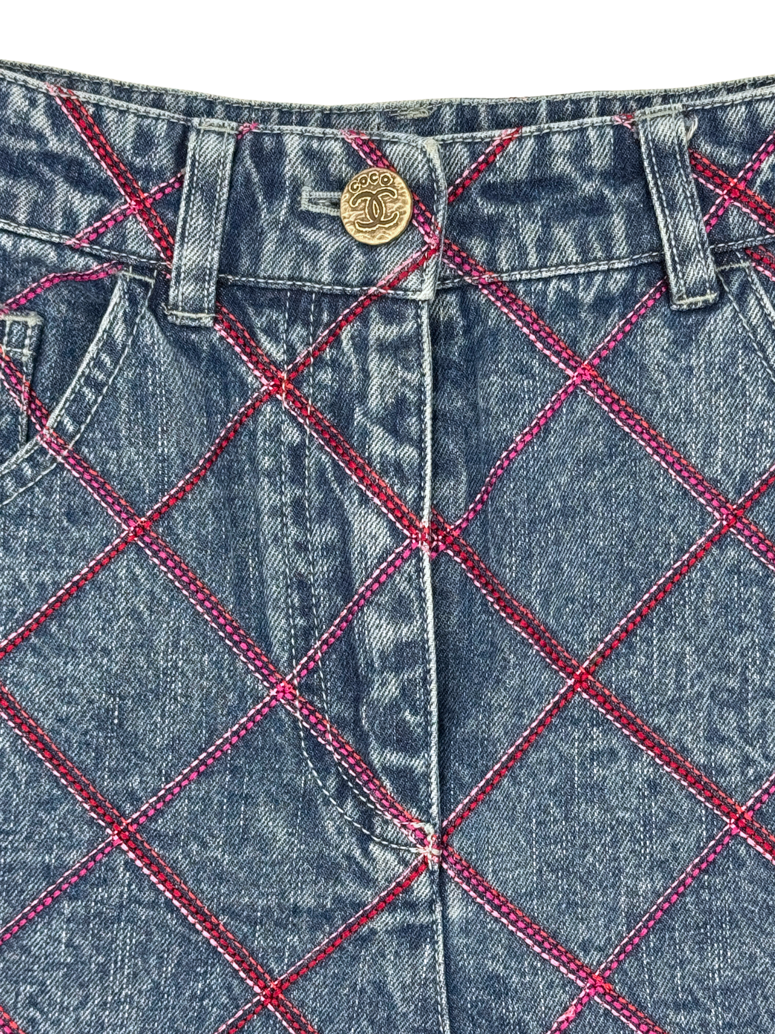 Size M / FR 38 2022 Coco Beach Quilted Shorts with Red and Pink Contrast Stitching in Navy Denim