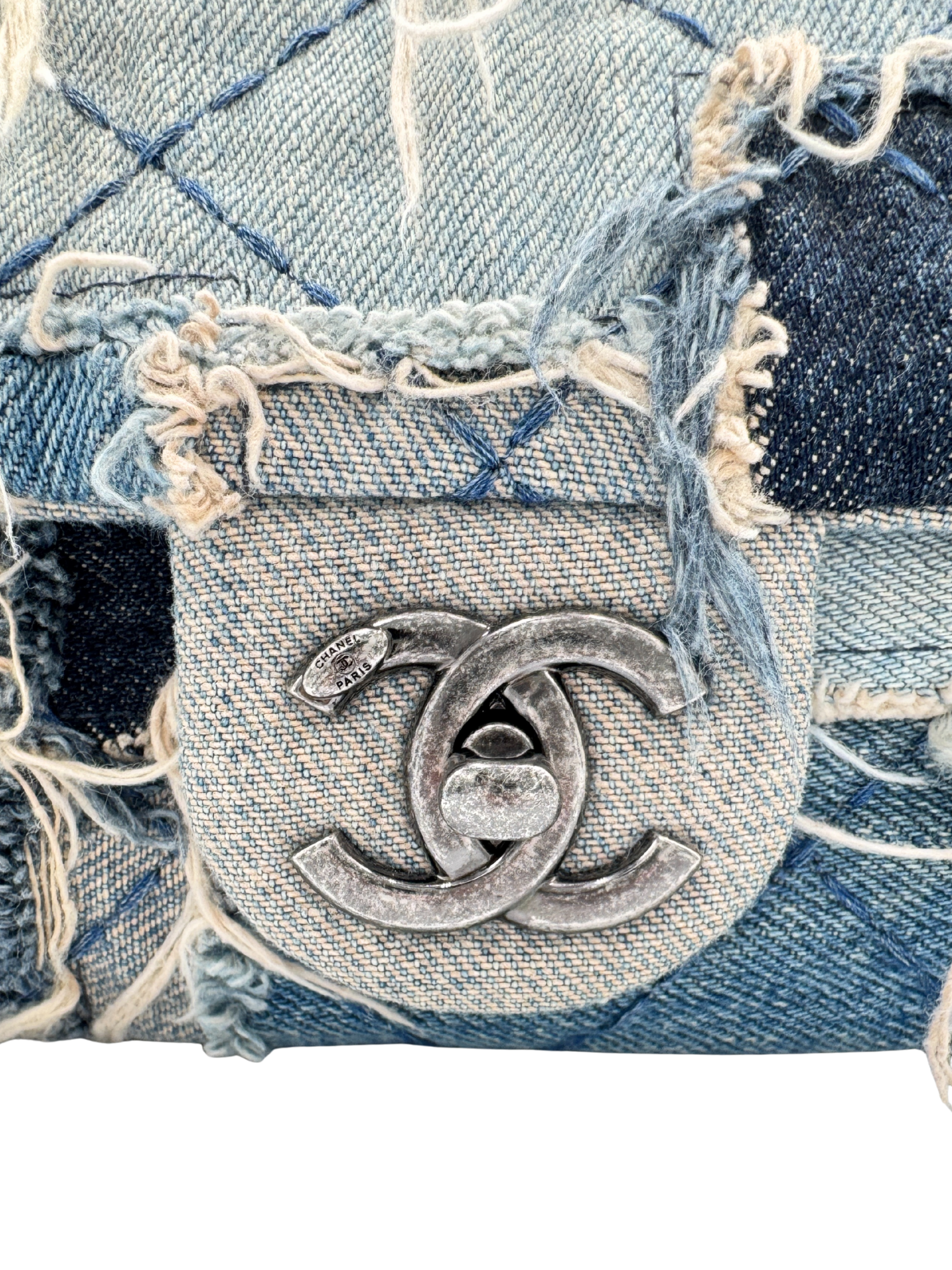 Paris Dallas Collection East-West Classic Flap Shoulder Bag in Patchwork Denim