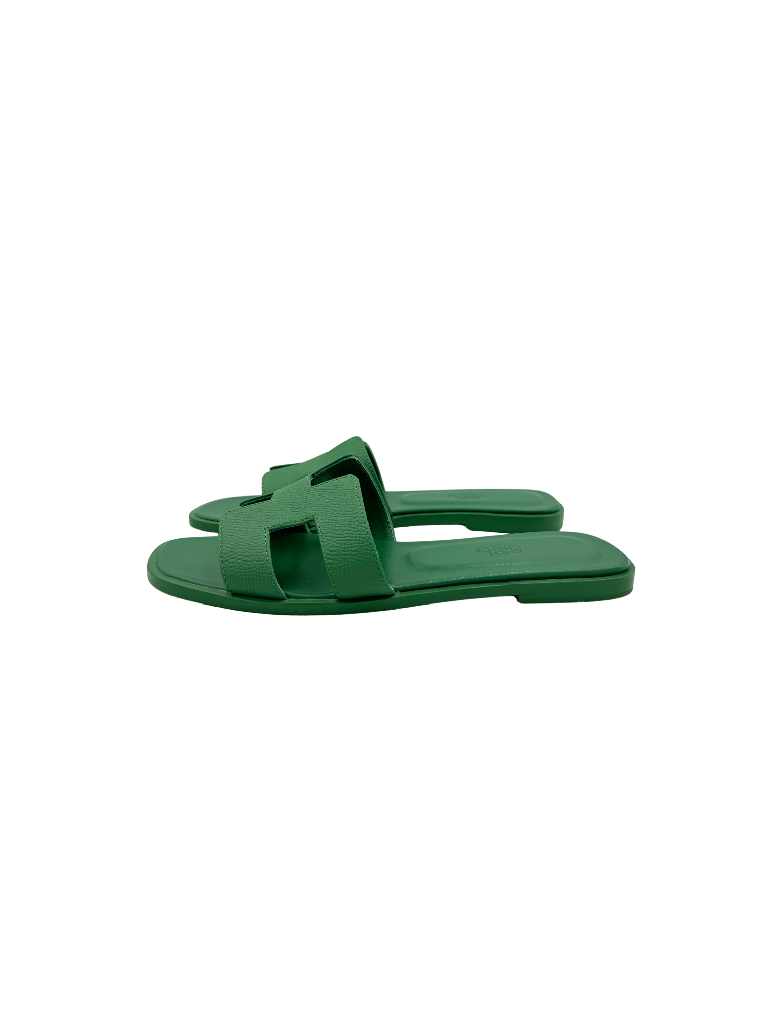 Size 37 Classic Oran Flat Slide Sandals in Vert Vertigo Green Epsom Leather