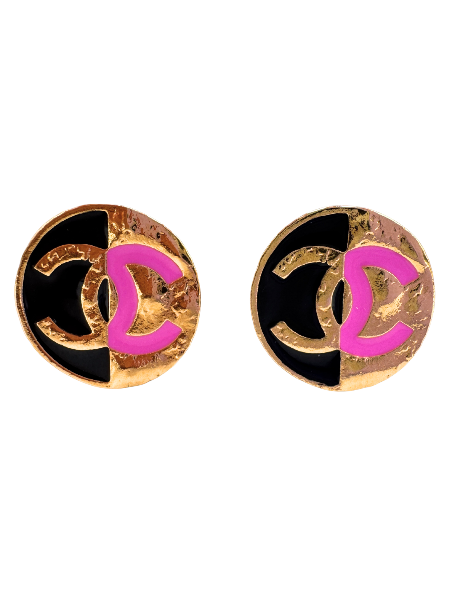 CC Round Stud Earrings in Pink/Black/Gold Metal & Resin