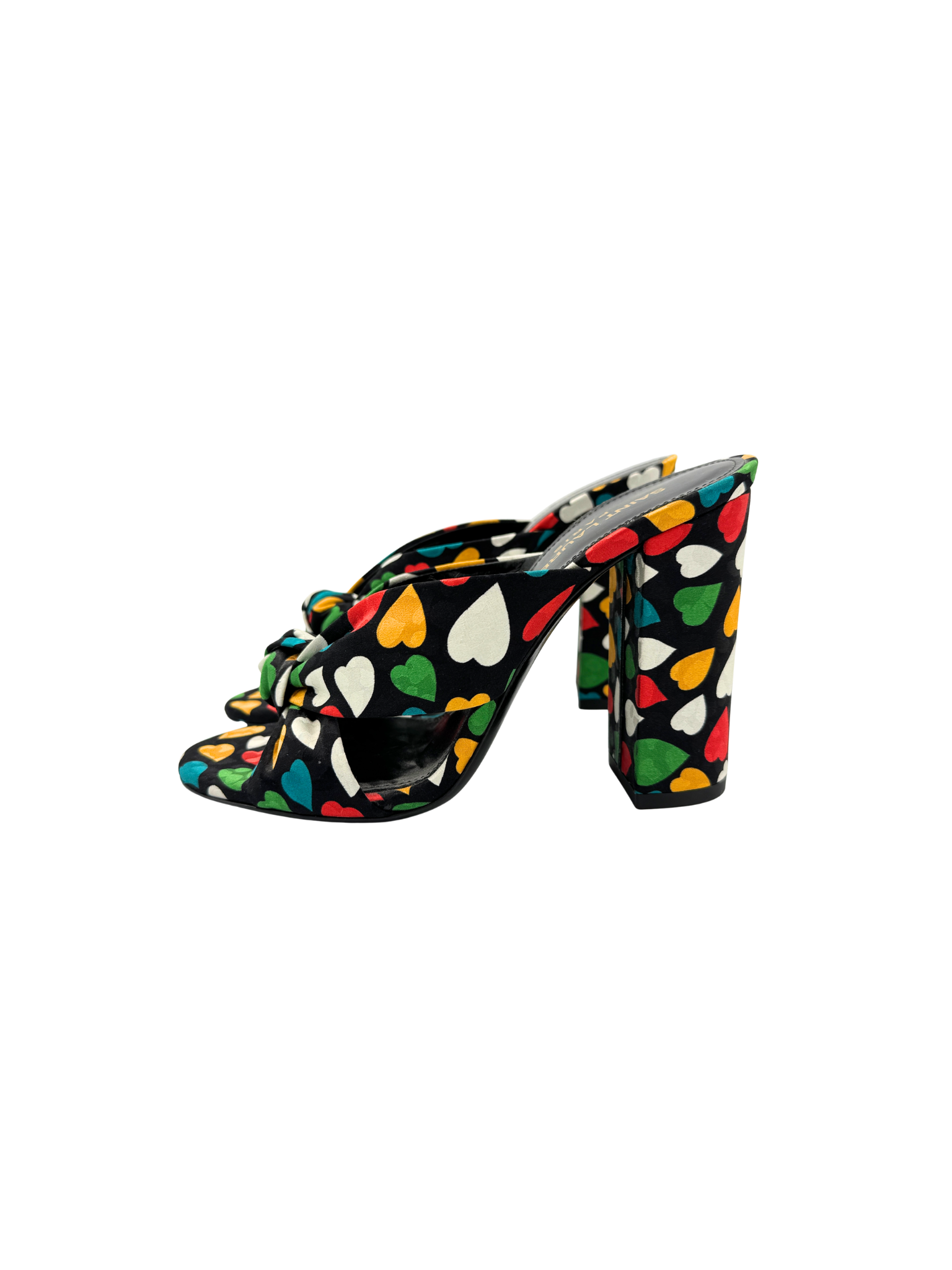 Size 36 Sweetheart Bianca Knot Mule Sandals in Black Multicolor Satin