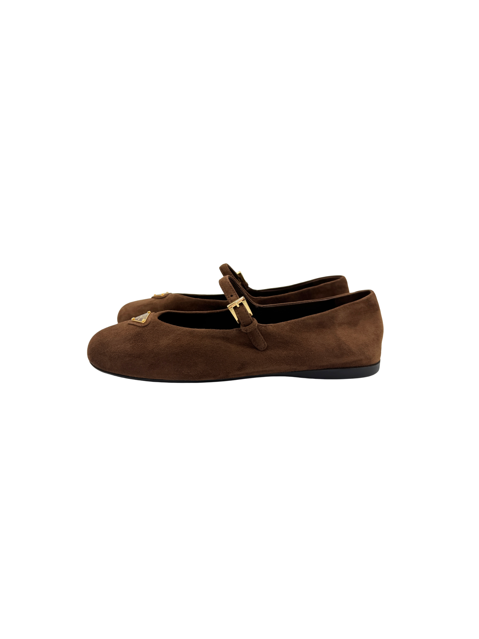 Size 37 Mary Jane Ballet Flats with Triangle Logo Plate in Brown Suede