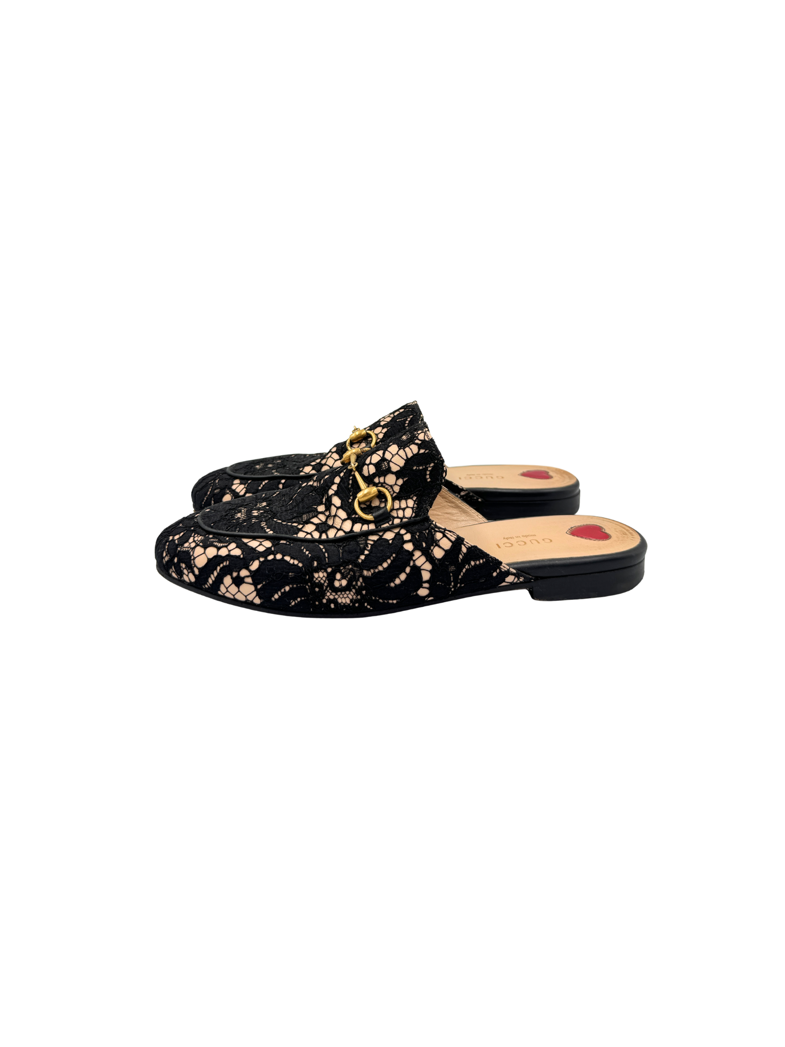 Size 38 Horsebit Princetown Flat Slide Mule Loafers in Black and Ivory Lace