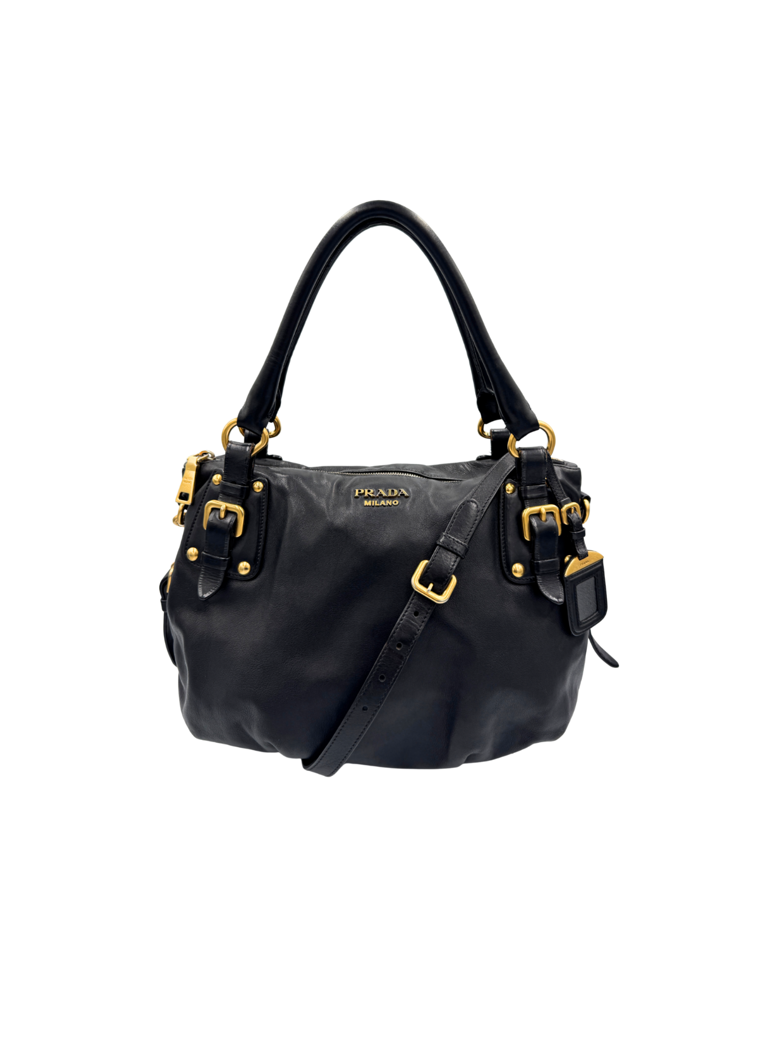 Vintage Hobo Satchel Bag with Crossbody Strap in Black Leather