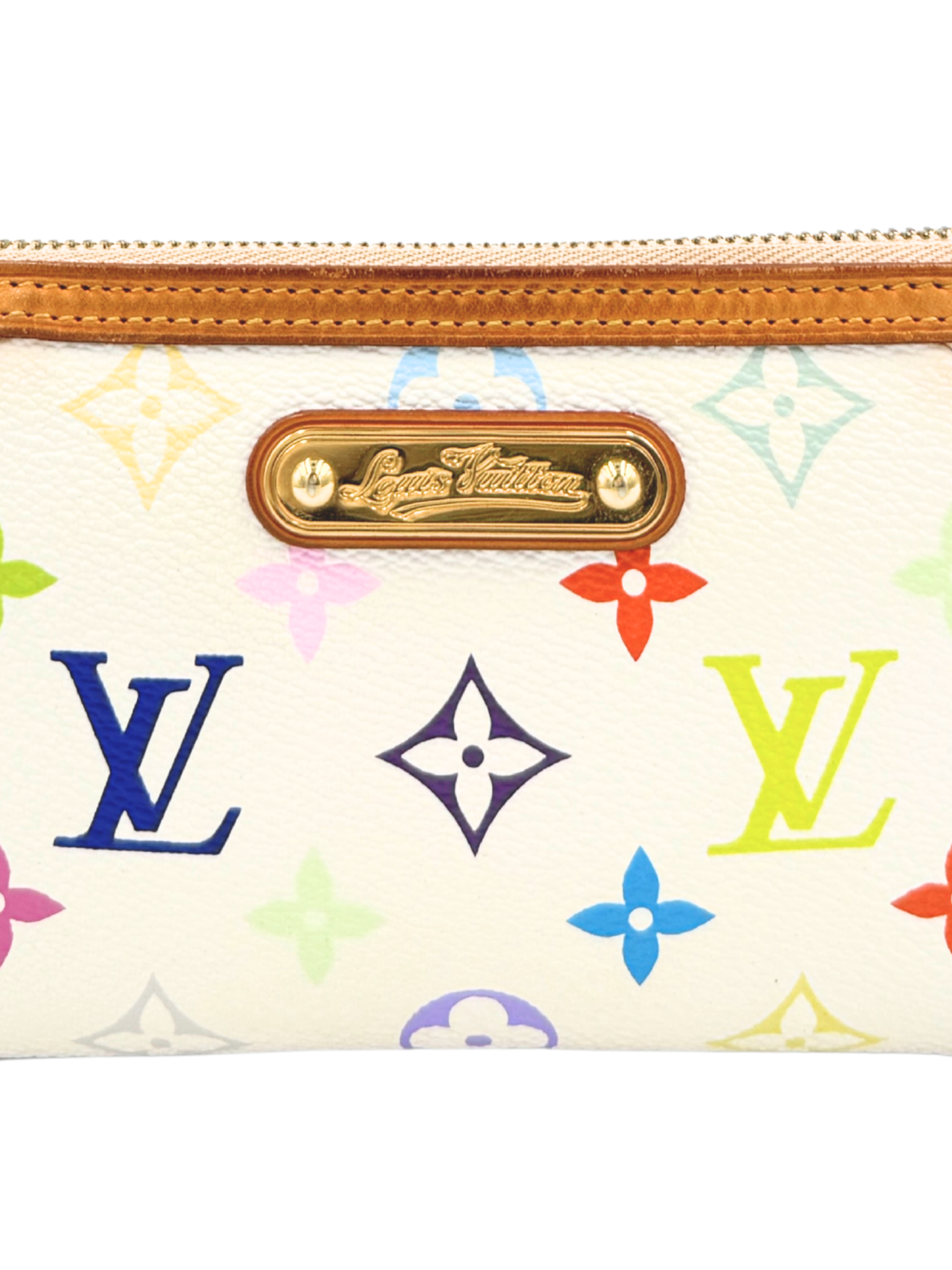 Vintage Takashi Murakami Milla MM Pochette Shoulder Bag with Chain in White Multicolor Monogram Coated Canvas
