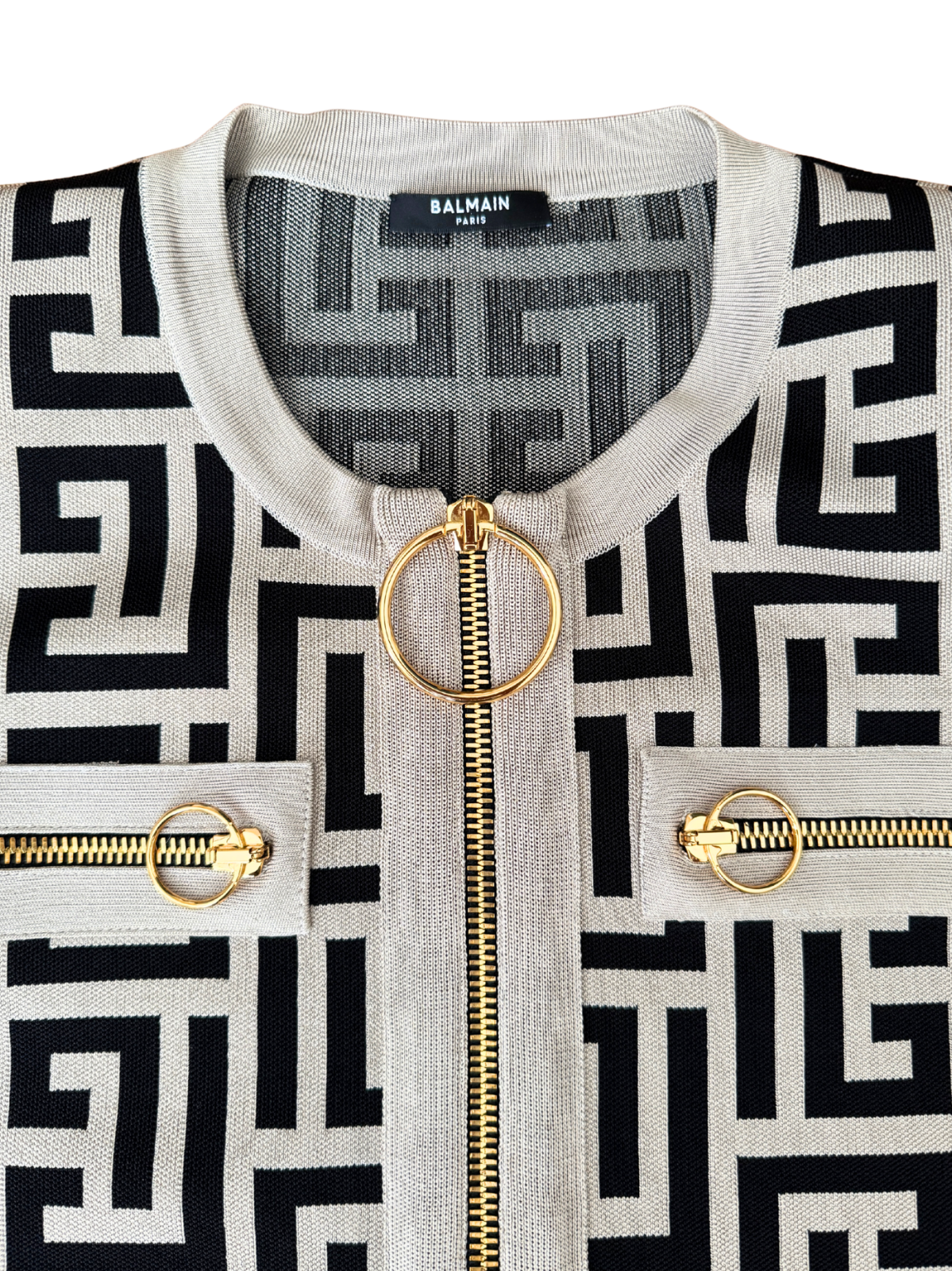 Size XL / FR 42 Zip-Up Monogram Jacket in Black and Taupe Stretch Logo Knit