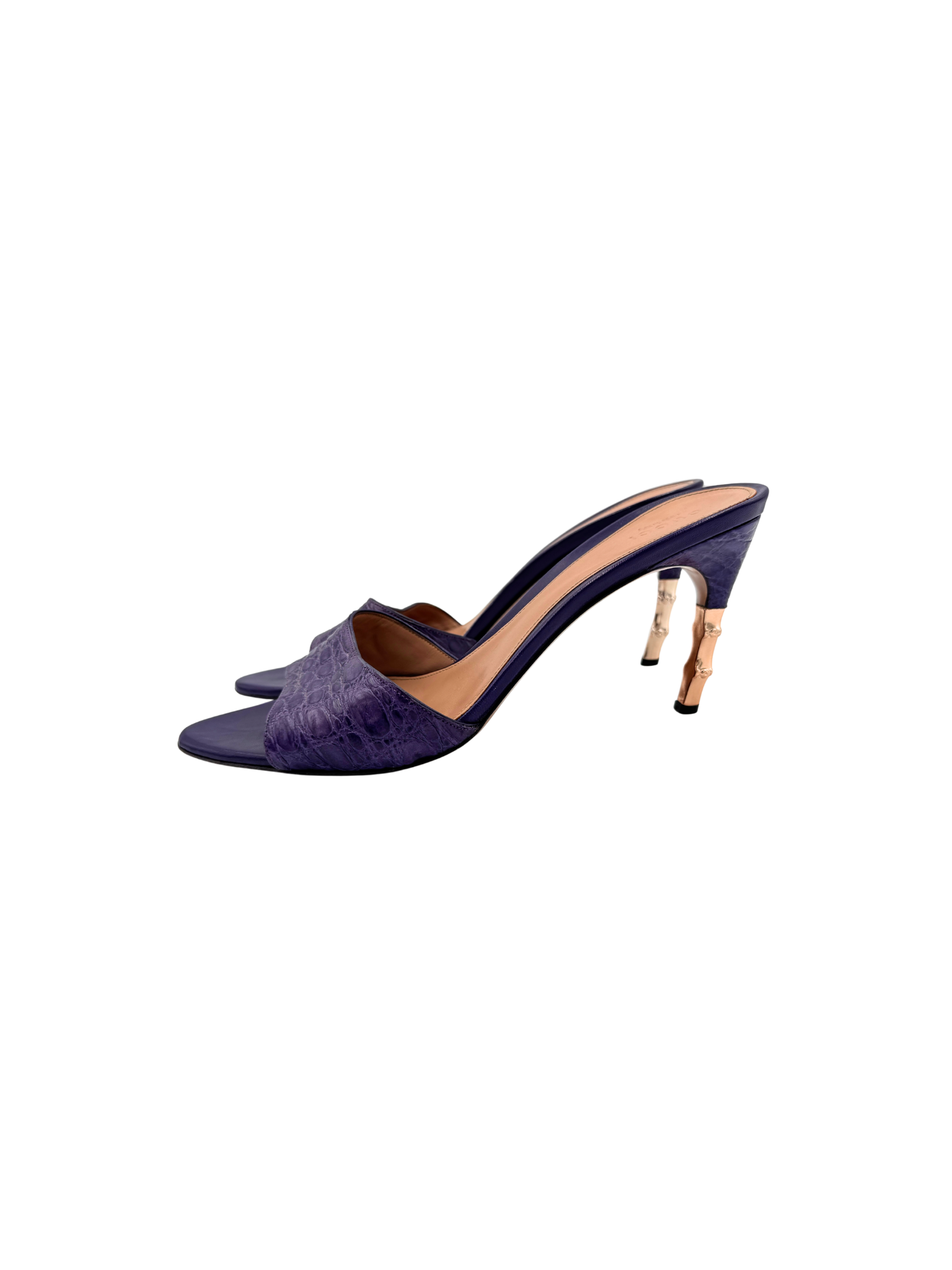 Size 8.5 Vintage Tom Ford Era 2004 Crocodile Mules with Bamboo Heels in Purple Crocodile Skin