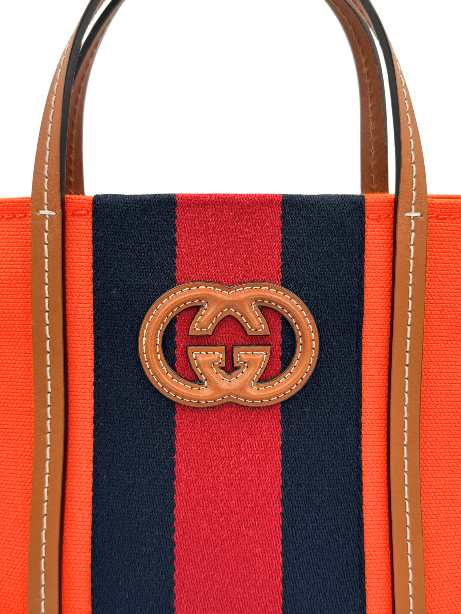 Small Interlocking GG Web Shopping Tote Bag with Top Handle in Orange Canvas