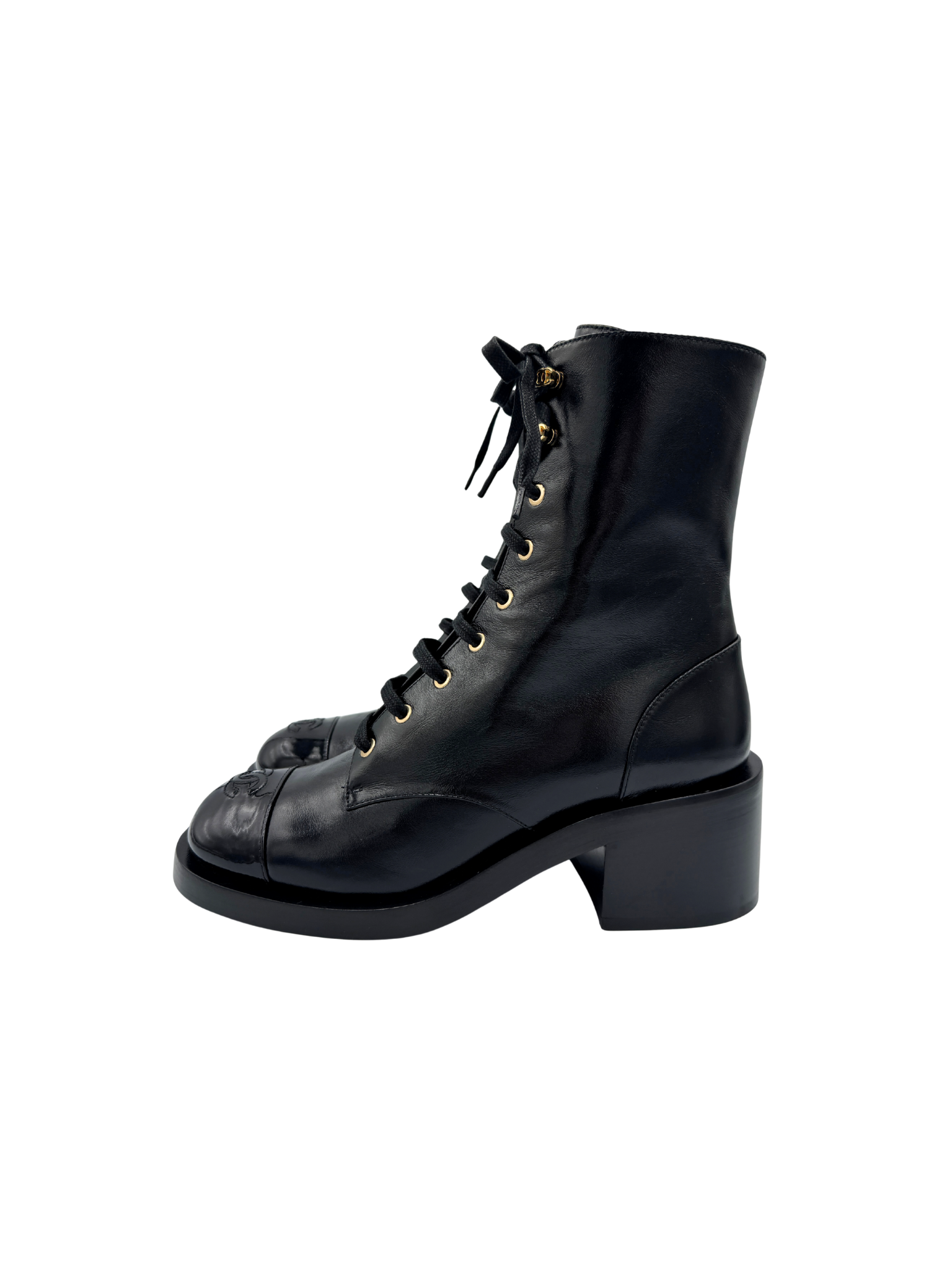 Size 40 2025 CC Combat Boots in Black Lambskin Leather with Patent Leather Accents
