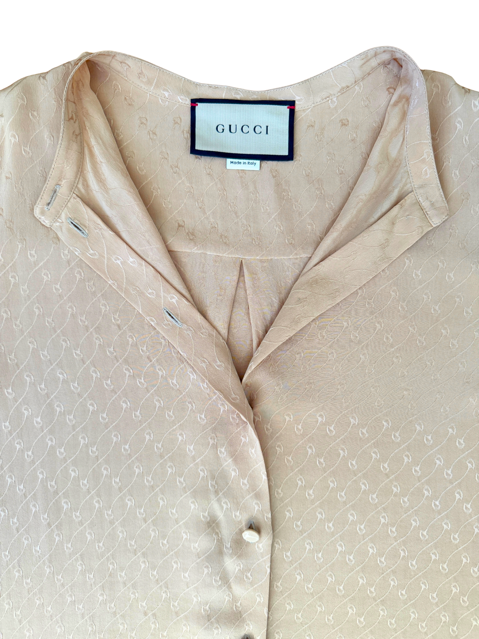 Size L / IT 44 Horsebit-Embroidered Long Sleeve Blouse in Blush Pink Jacquard Silk Crepe