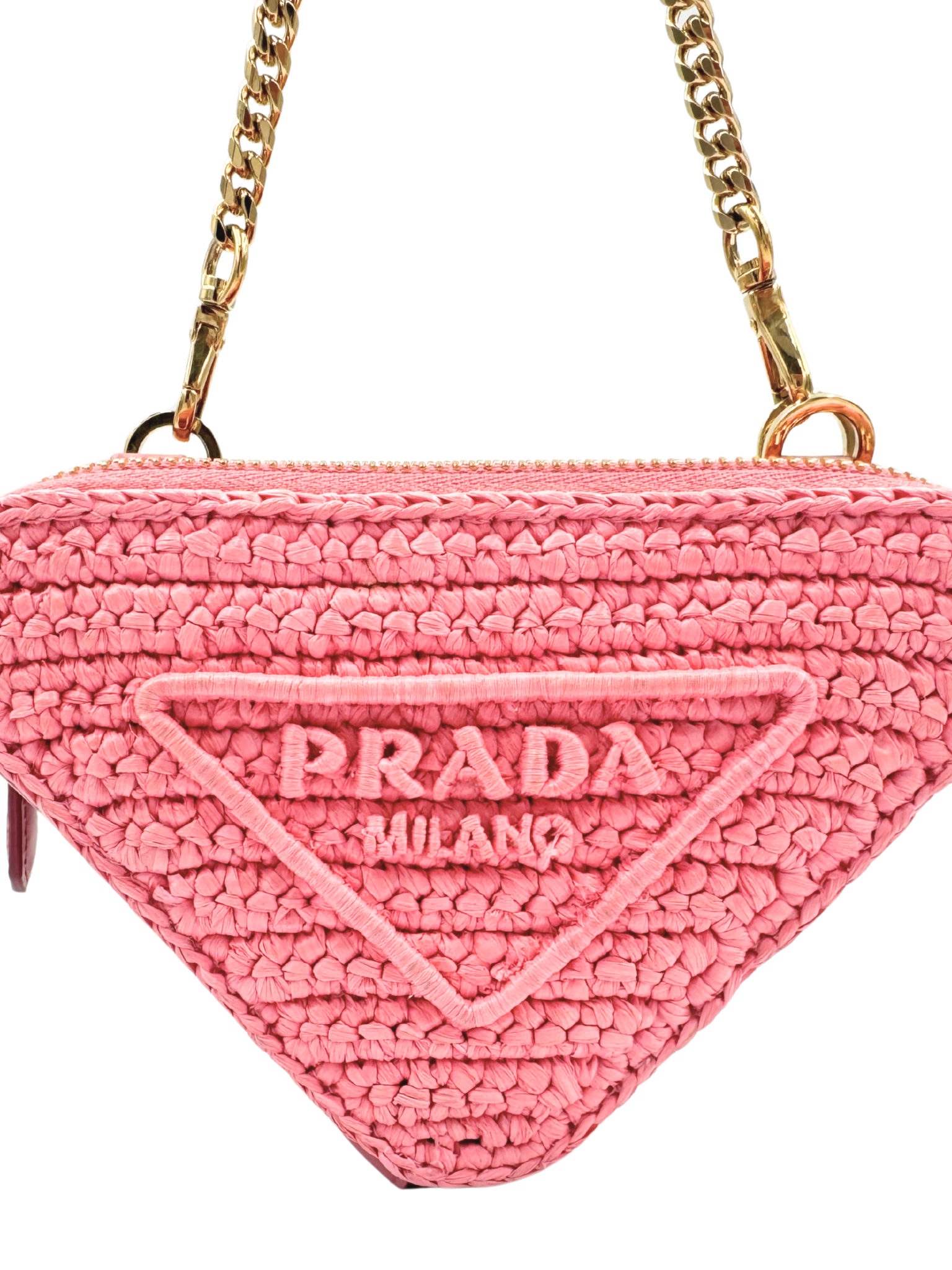 Triangle Logo Shoulder Bag in Pink Crochet Raffia & Leather