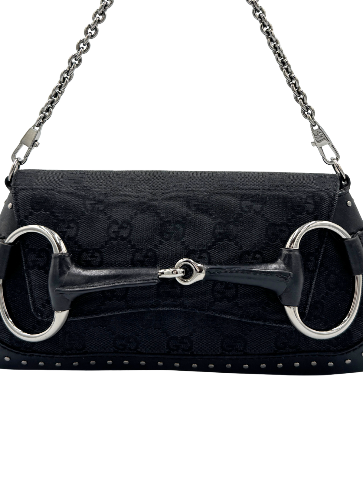 Vintage Tom Ford Era Studded Horsebit Shoulder Bag in Black Monogram GG Supreme Canvas