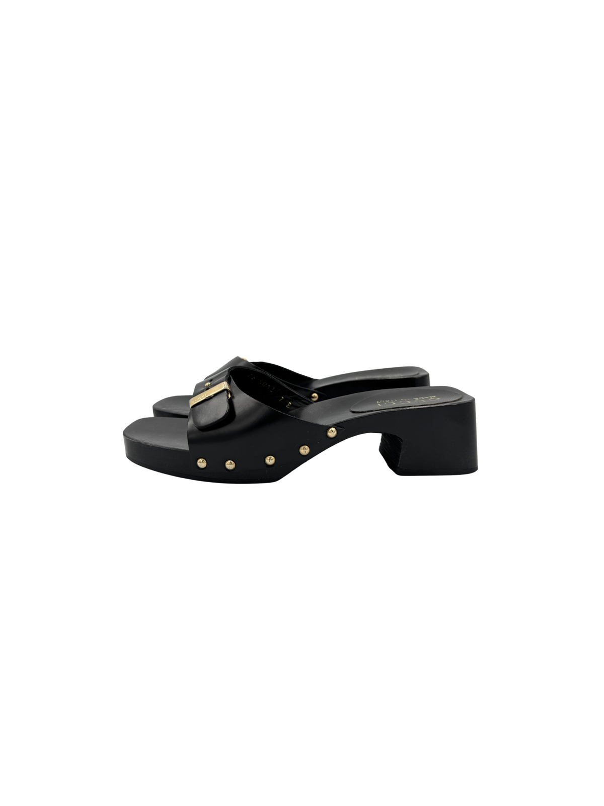 Size 7 Vintage Tom Ford Era Wooden Slip-On Mule Sandals in Black Leather
