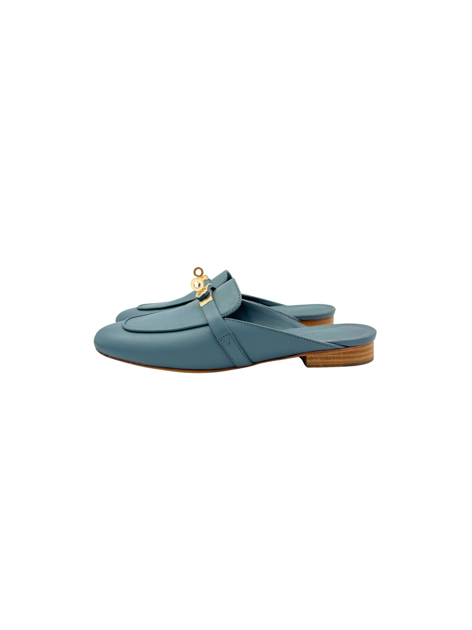 Size 37 Oz Mules with Kelly Buckle in Blue Calfskin Leather