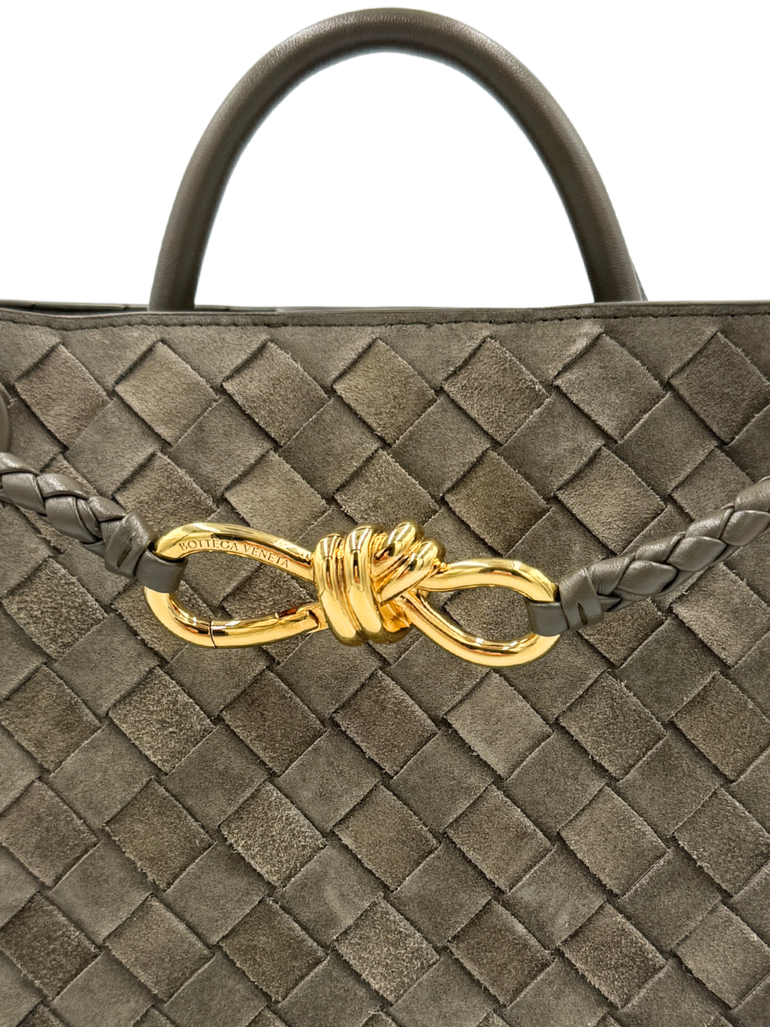 Small Andiamo Top Handle Shoulder Bag in Cypress Green Intrecciato Suede