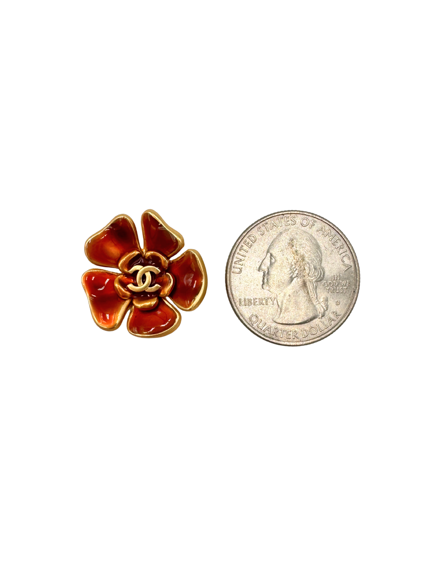 Vintage 1998 Painted CC Camellia Flower Stud Earrings in 24k Gold-Plated Hardware