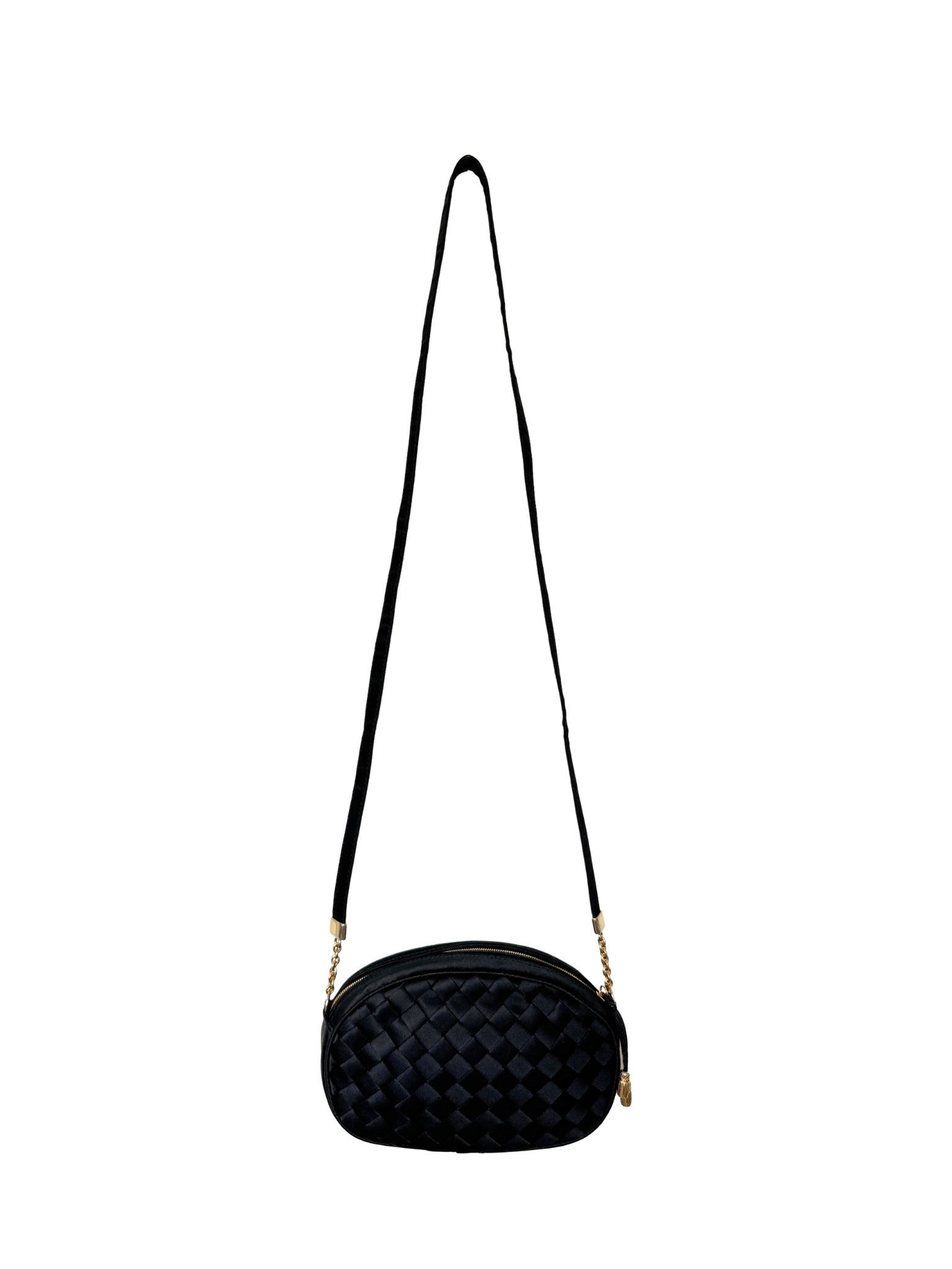 Vintage Camera Shoulder Bag in Black Intrecciato Woven Satin