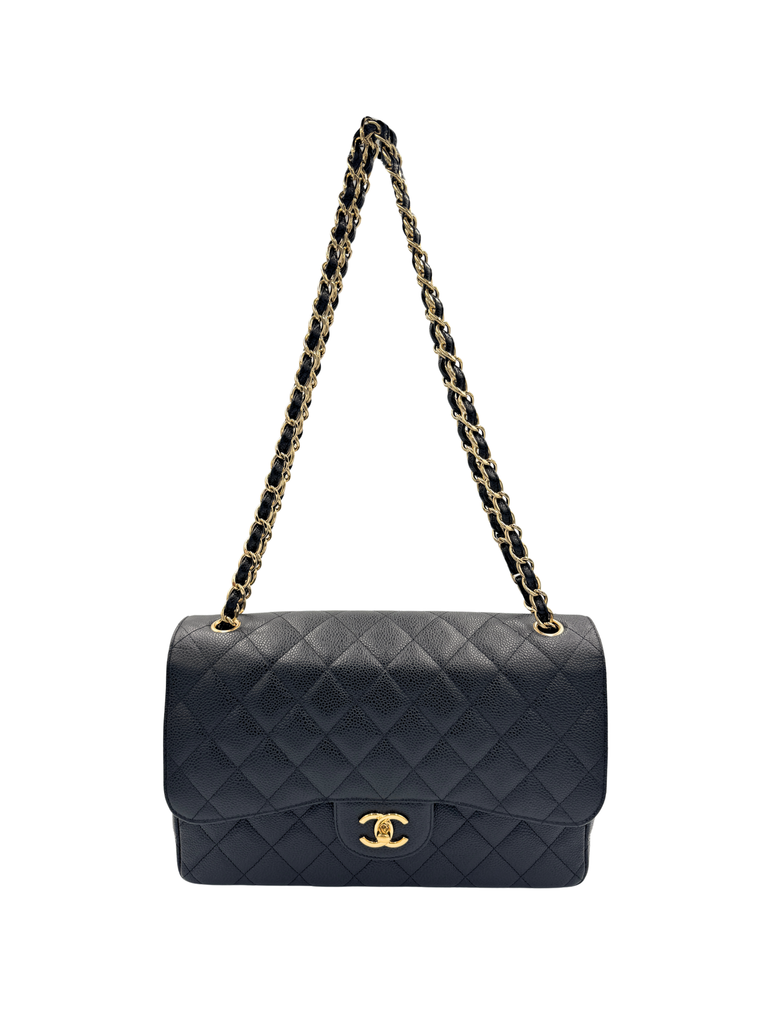 Quilted Jumbo Classic Double Flap Shoulder Bag in Black Caviar Leather