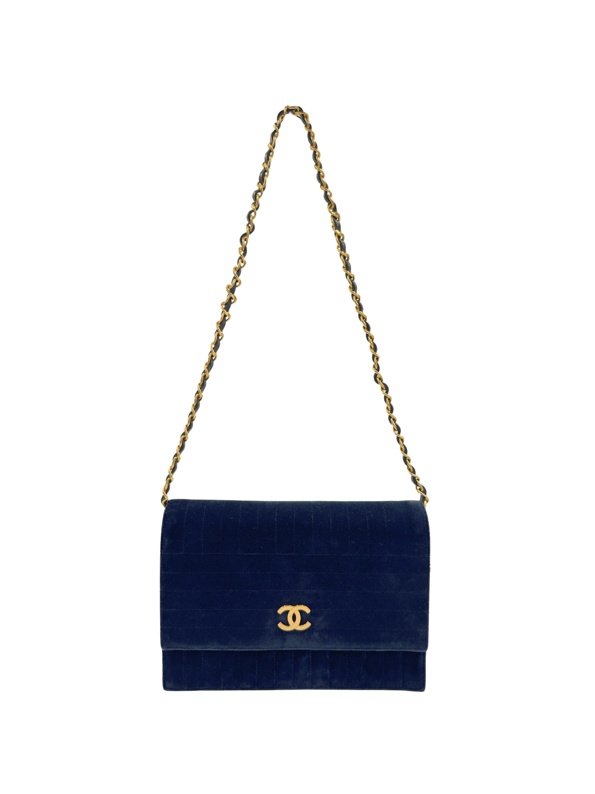 Vintage Karl Lagerfeld Era CC Matelasse Quilted Single Flap Shoulder Bag in Navy Velvet