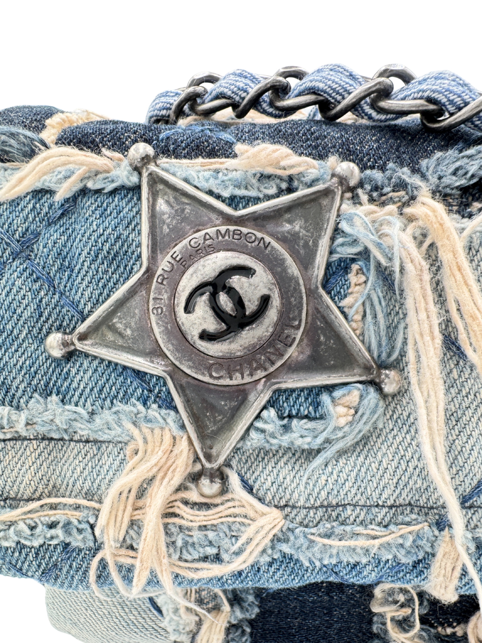 Paris Dallas Collection East-West Classic Flap Shoulder Bag in Patchwork Denim