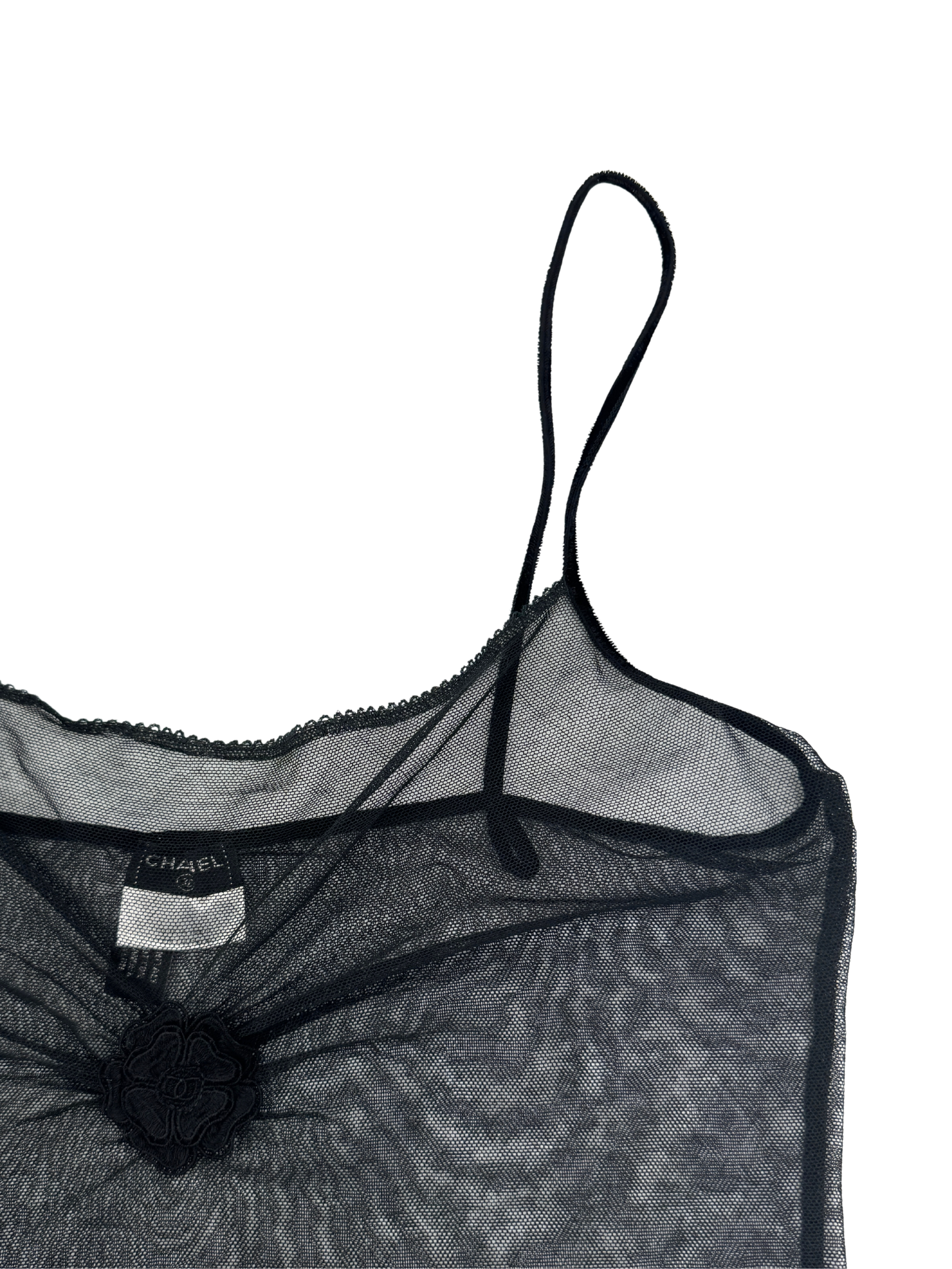 Size M - L / FR 42 Vintage 2004 Karl Lagerfeld Era Sheer Camellia Camisole in Black Lace Mesh
