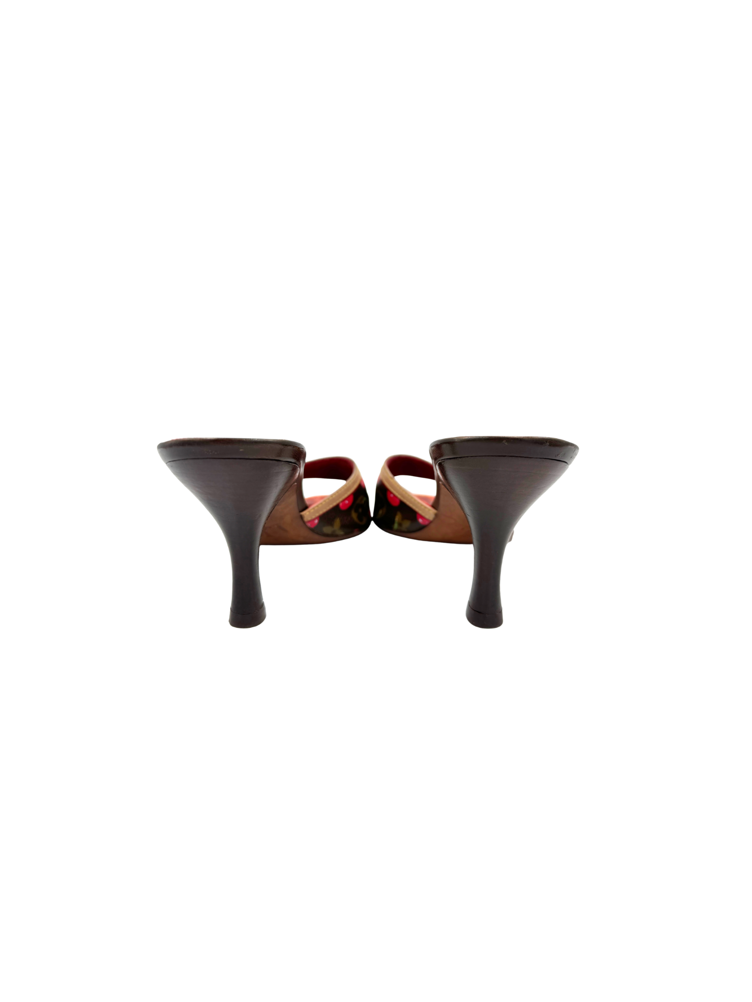 Size 37 Vintage 2005 Limited Edition Takashi Murakami Cerises Cherry Mule Sandals with Bow in Brown and Tan Monogram Coated Canvas
