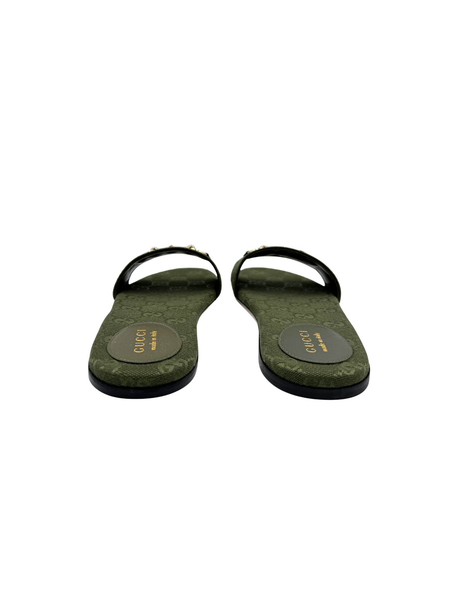 Size 39 Horsebit GG Supreme Flat Slide Sandals in Green Monogram Canvas