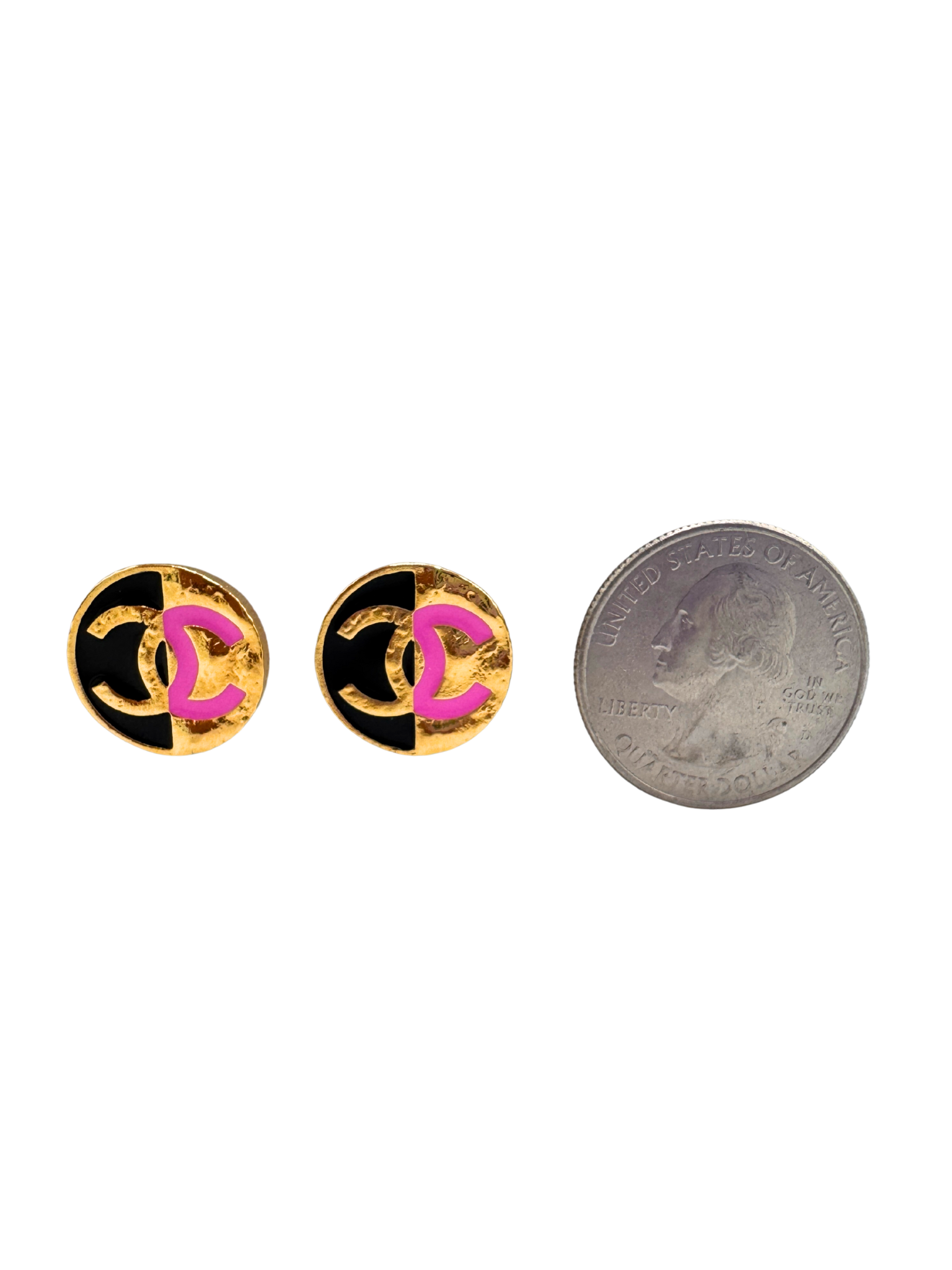 CC Round Stud Earrings in Pink/Black/Gold Metal & Resin