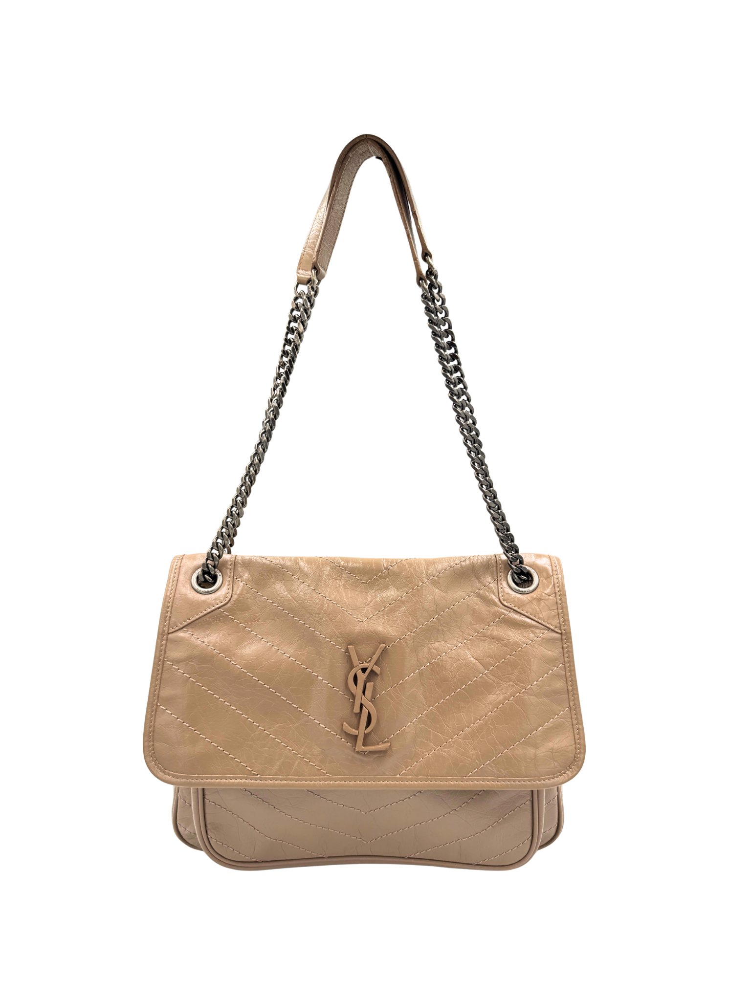 Medium Niki Chevron YSL Logo Shoulder Bag in Taupe Crinkled Calfskin Leather