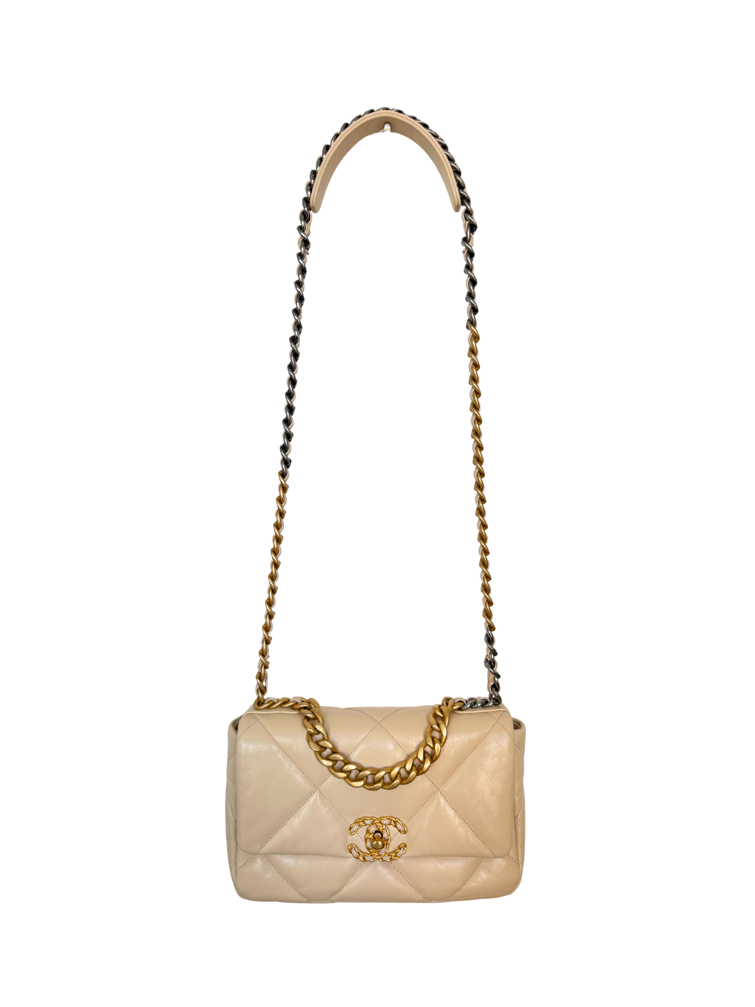 Quilted Medium Chanel 19 Shoulder Bag in Beige Lambskin Leather